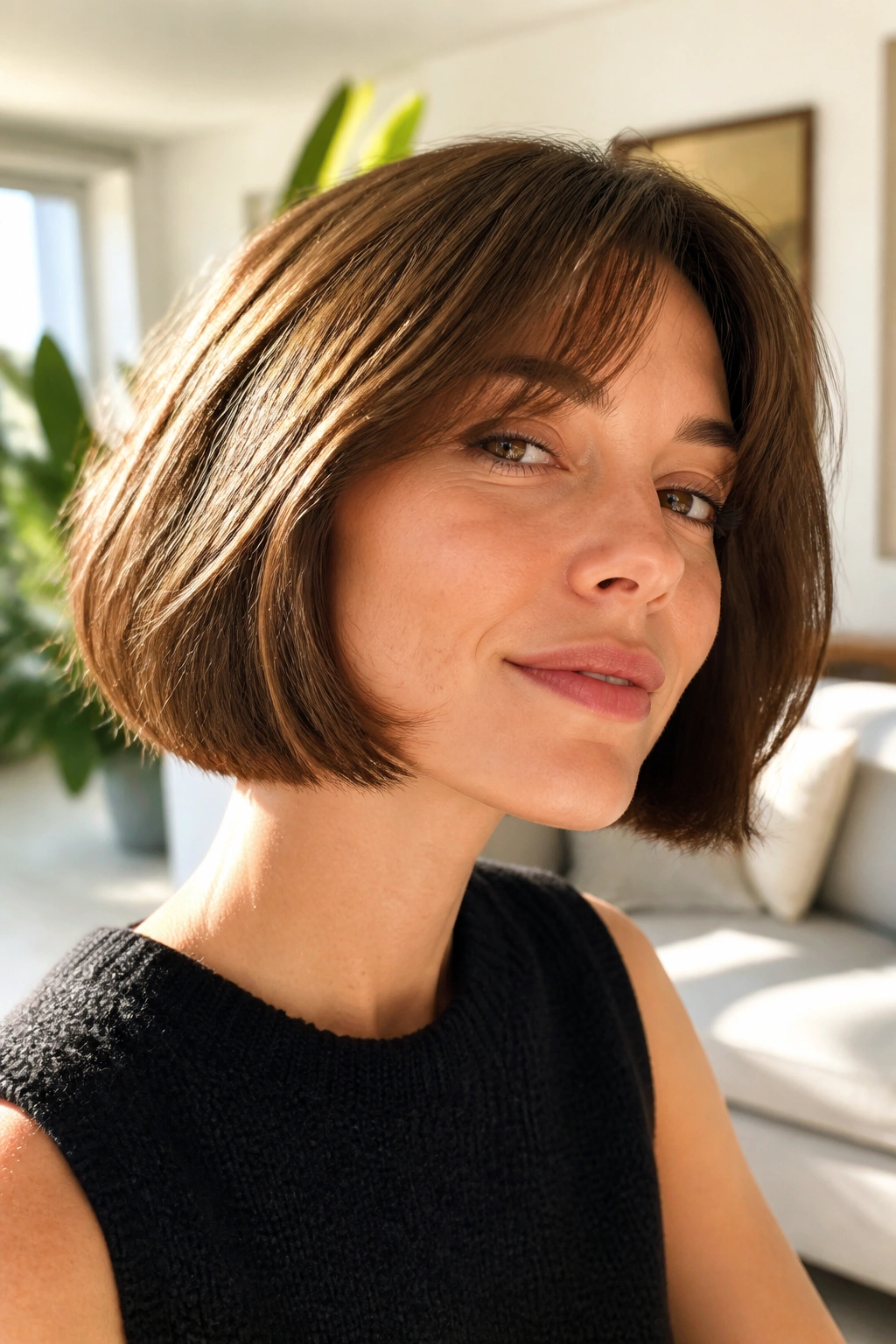 Close-up of a real woman with Italian bob for fine hair in sunlight.