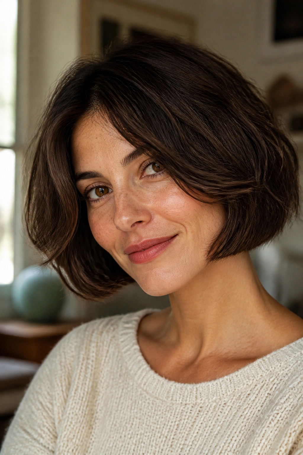 Close-up portrait of a real woman with a full Italian bob at jaw length in warm window light