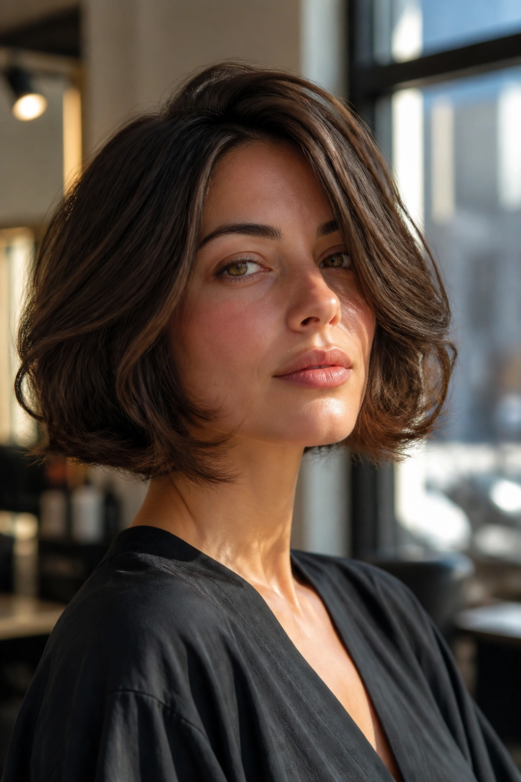 Portrait of a real woman with a full-bodied Italian bob