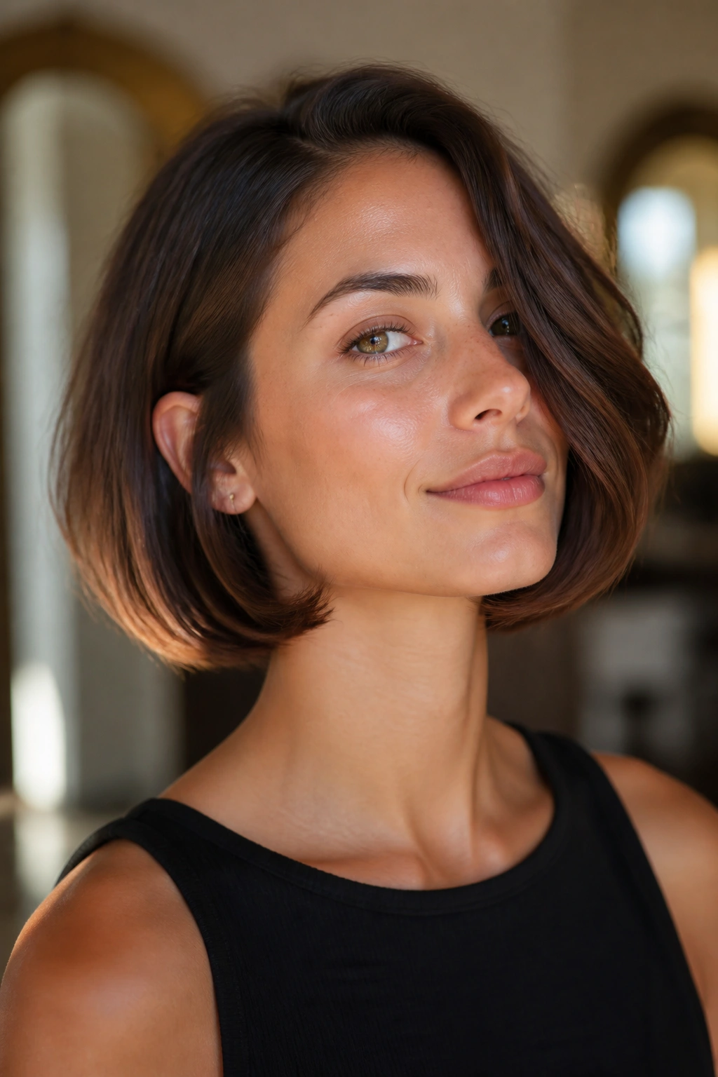 Close-up portrait of a real person with an Italian bob and fuller ends