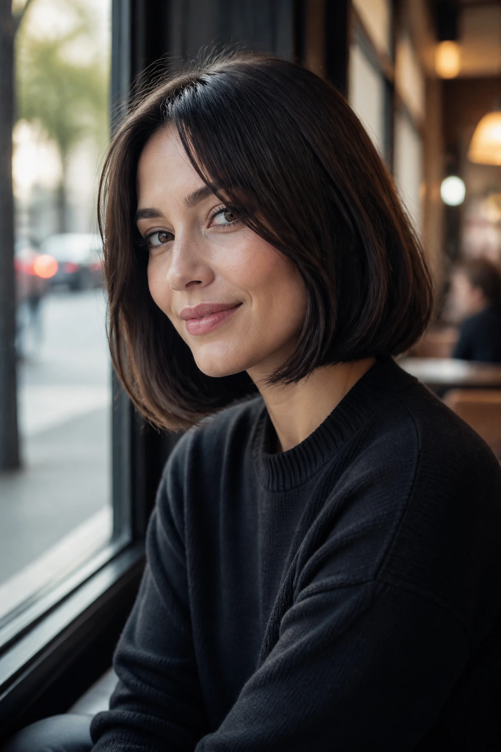Close-up of a woman with an Italian bob and soft bend at the ends in a cafe window setting.