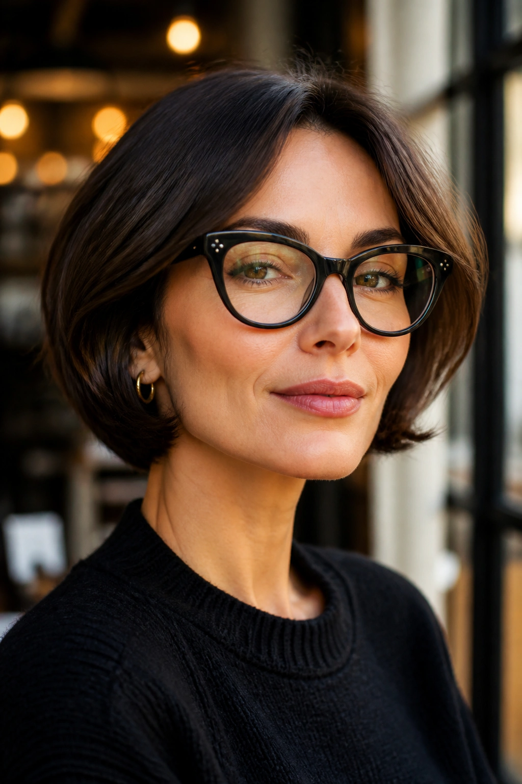 Close-up portrait of a woman with an Italian bob and bold cat-eye glasses in warm cafe light.