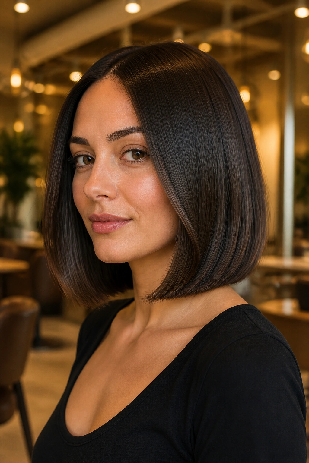 Close-up of a woman with Italian bob in warm ambient light