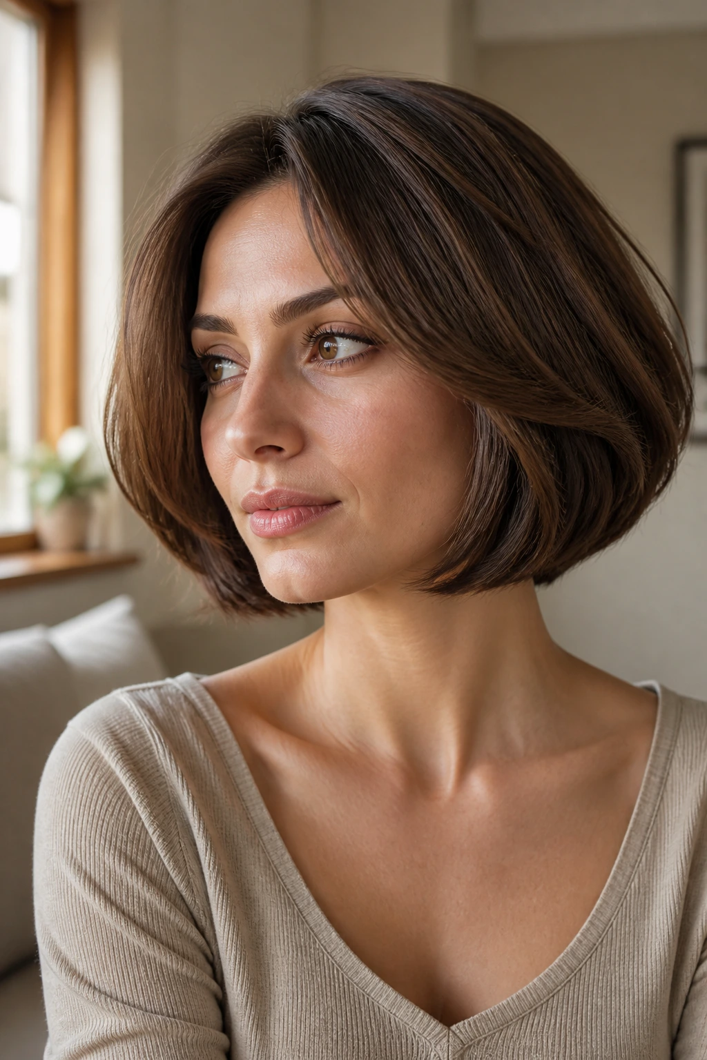 Close-up portrait of a real woman with a chin-length Italian bob featuring a full airy shape
