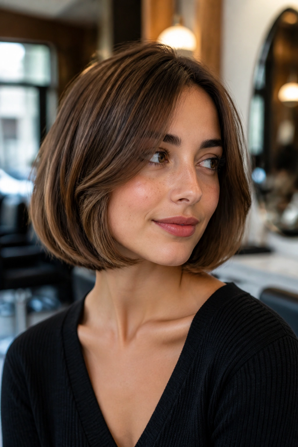 Close-up of a real woman with an Italian bob between jaw and collarbone.