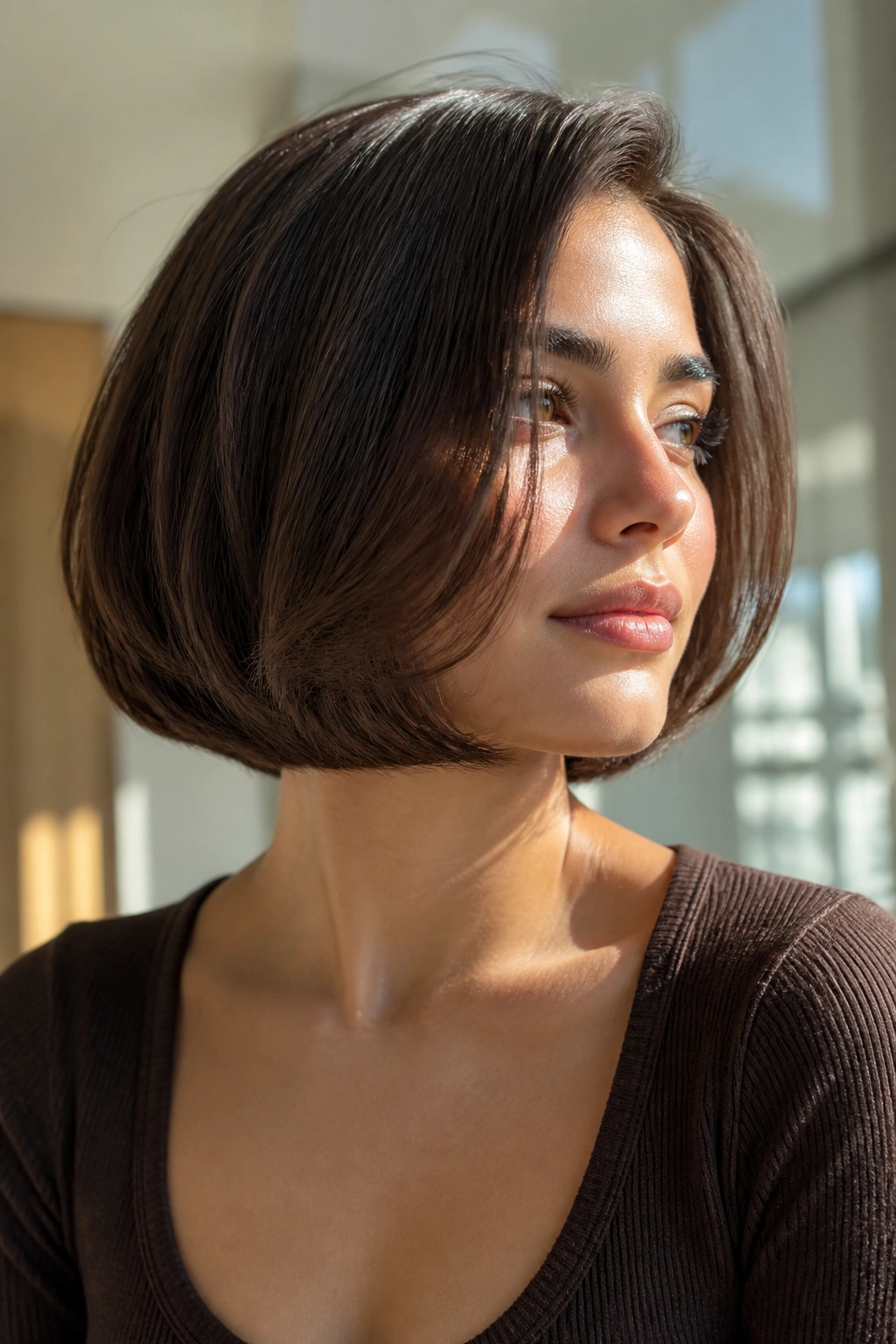 Close-up of a real woman with a rounded Italian bob in bright sunlight