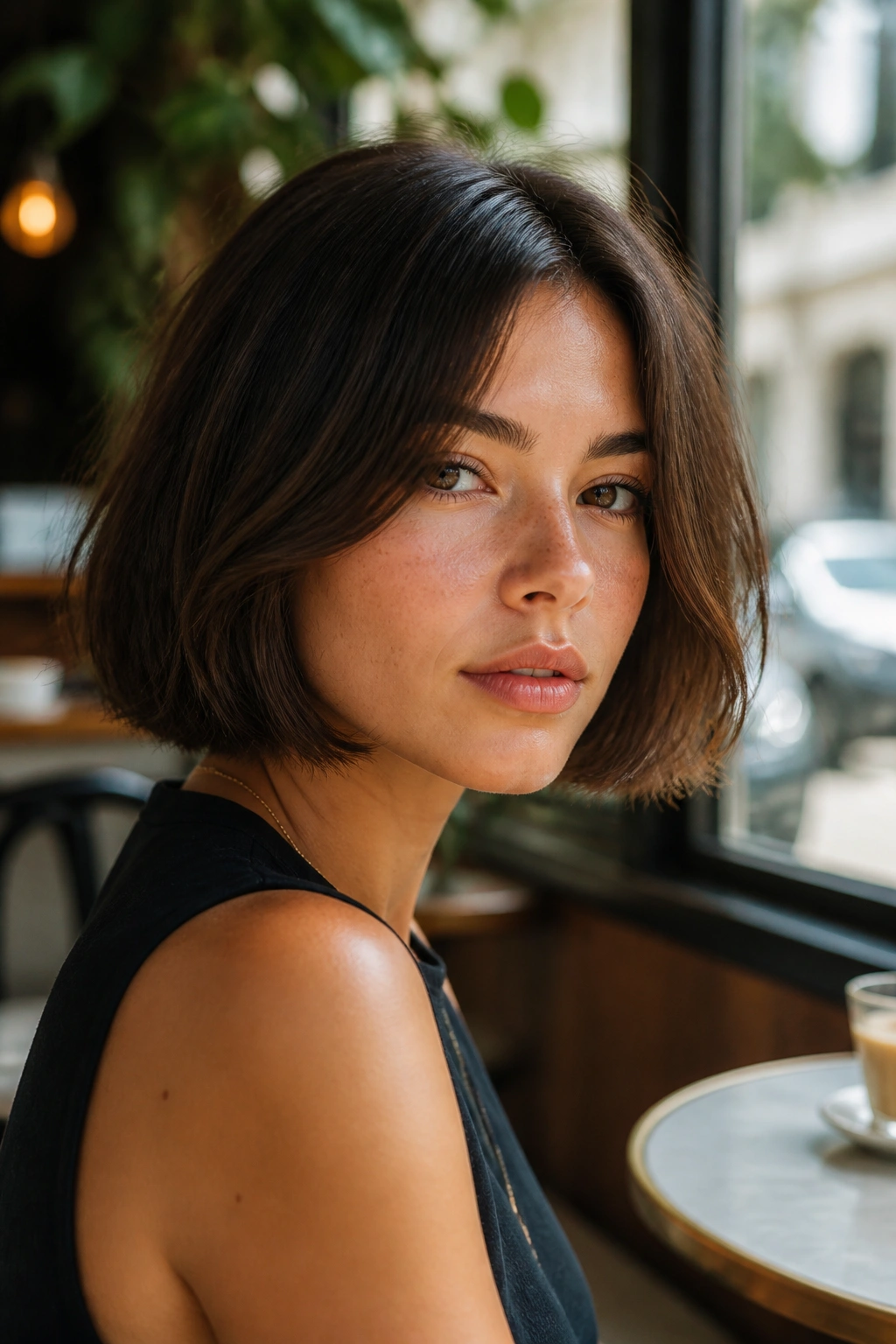 Close-up portrait of a real woman with a chin-length Italian bob.