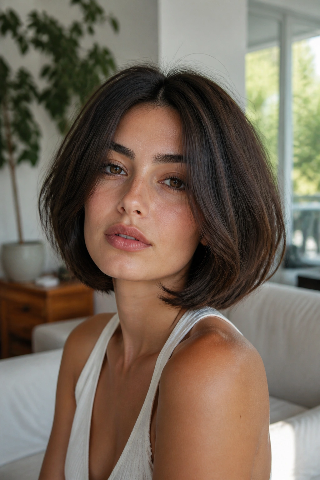 Close-up of a real woman with a fuller Italian bob in natural daylight