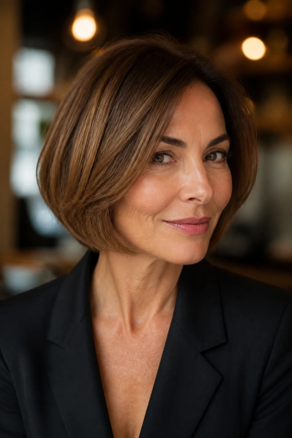 Real woman over 40 with Italian bob in cafe lighting