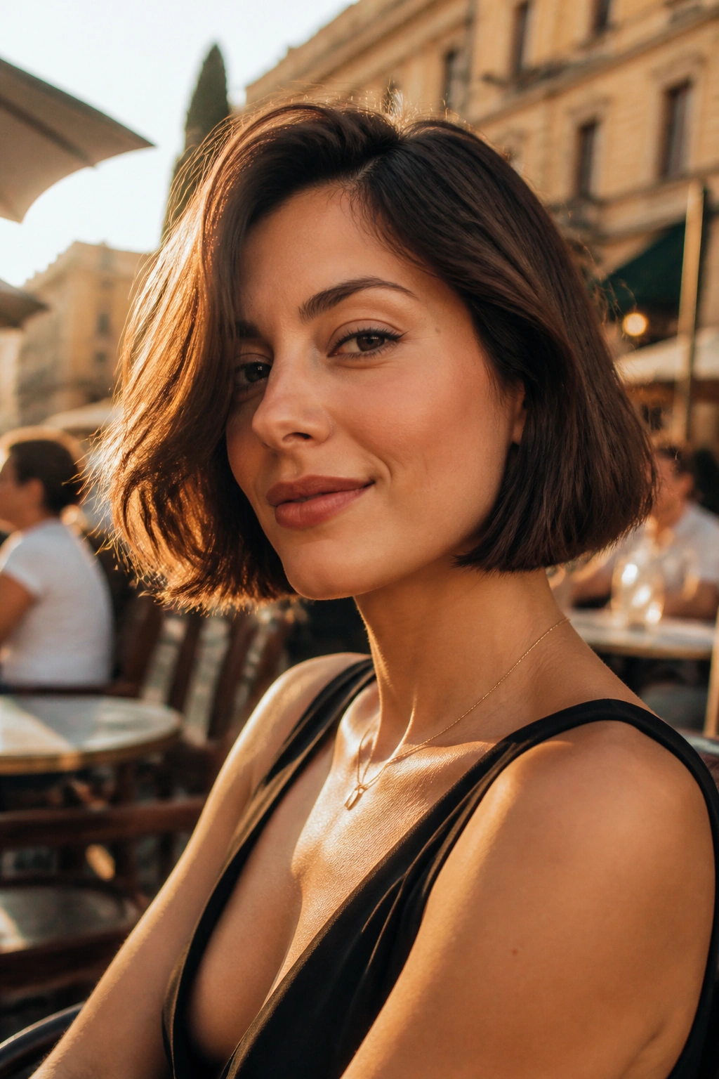 Portrait of a real woman with an Italian bob in golden hour outdoor light