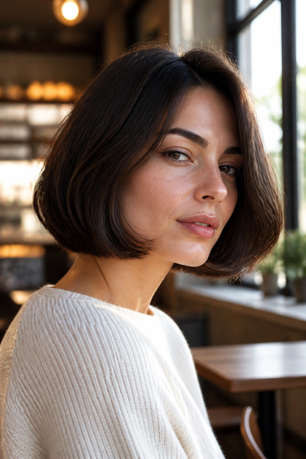 Close-up of a woman wearing an Italian bob in cafe daylight