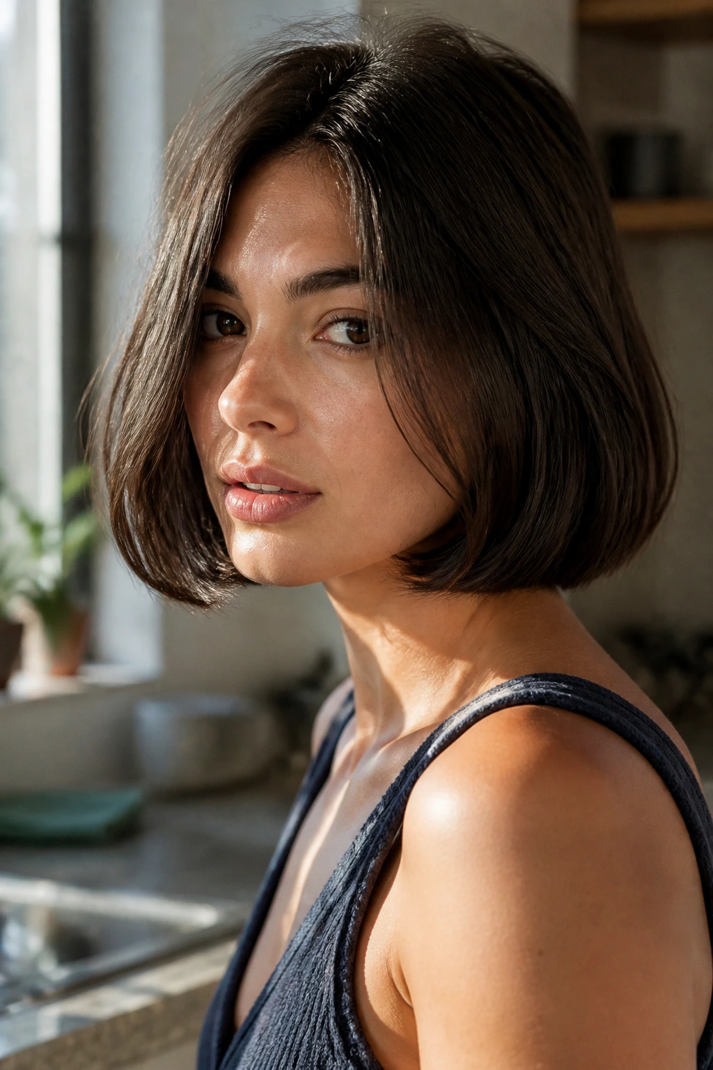Portrait of a woman with an Italian bob around jaw length and heavier ends.