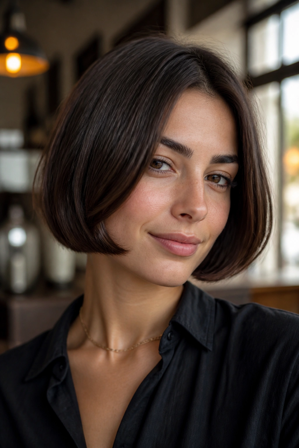 Close-up of a woman with an Italian bob featuring inward-curved ends