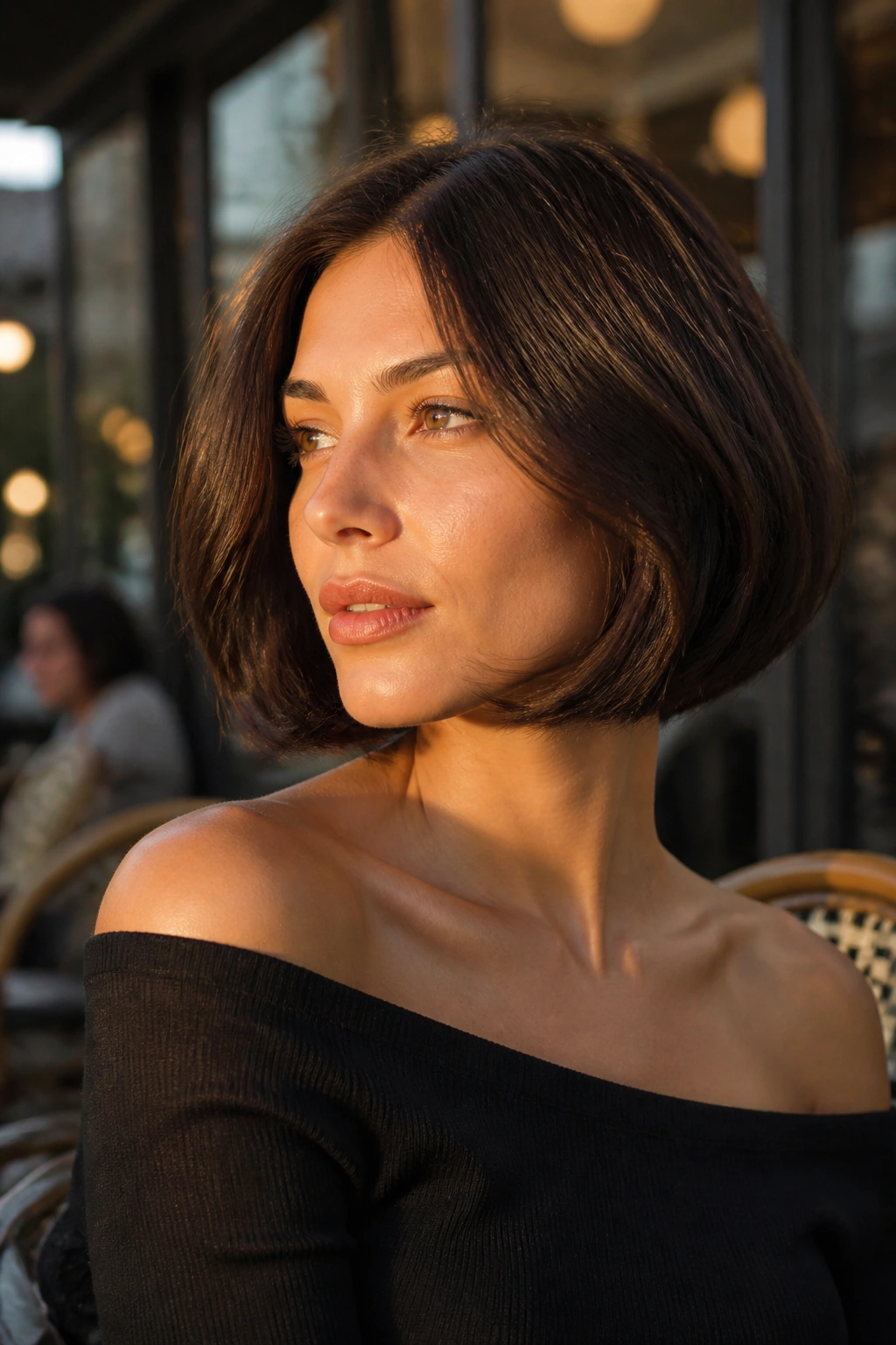 Close-up portrait of a real woman with an Italian bob