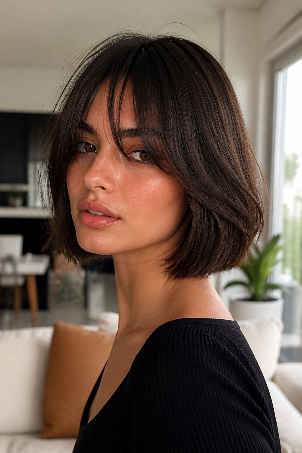Portrait of a woman with an Italian bob and long bangs in soft natural light