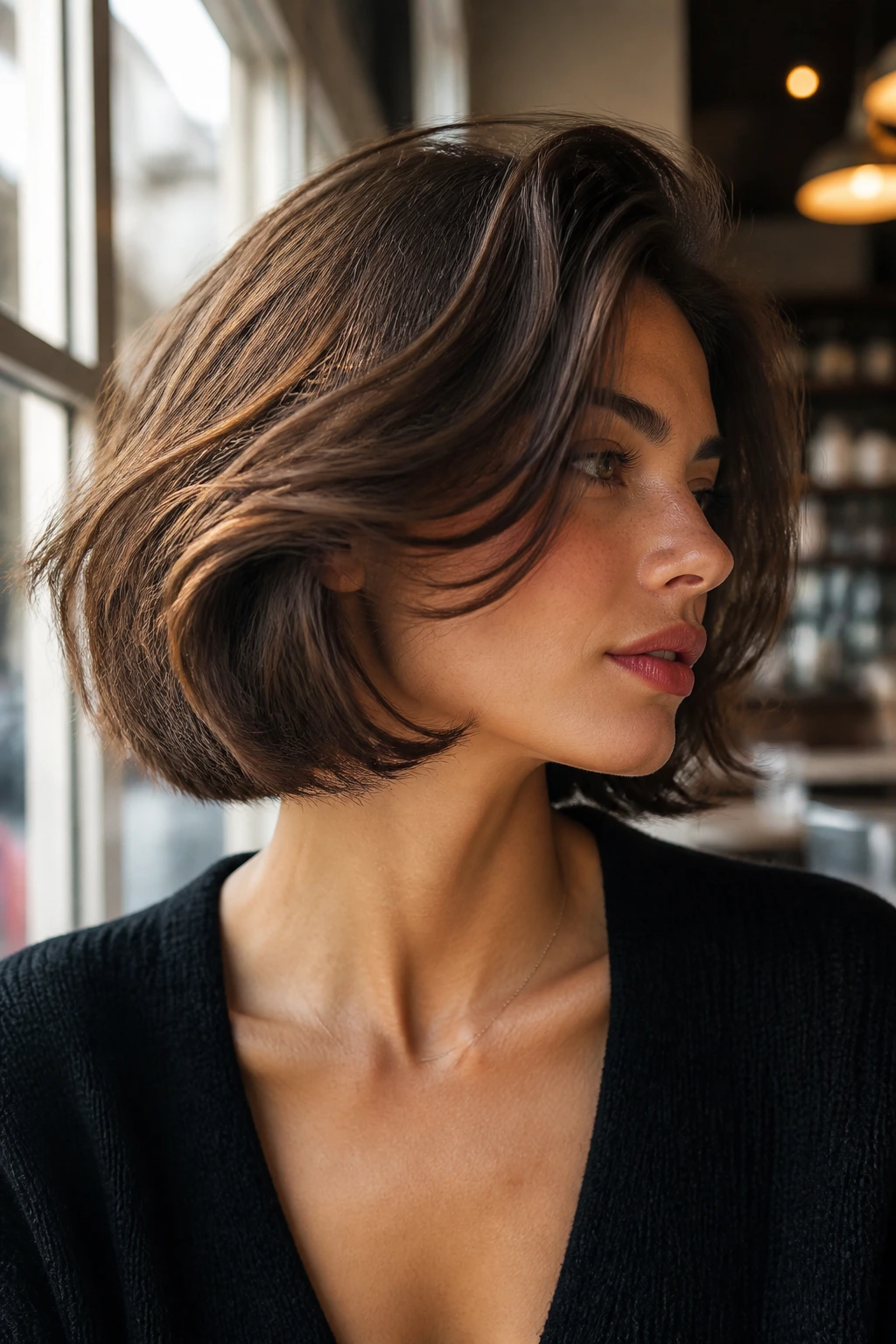 Close-up of a real woman with an Italian bob featuring lift and movement