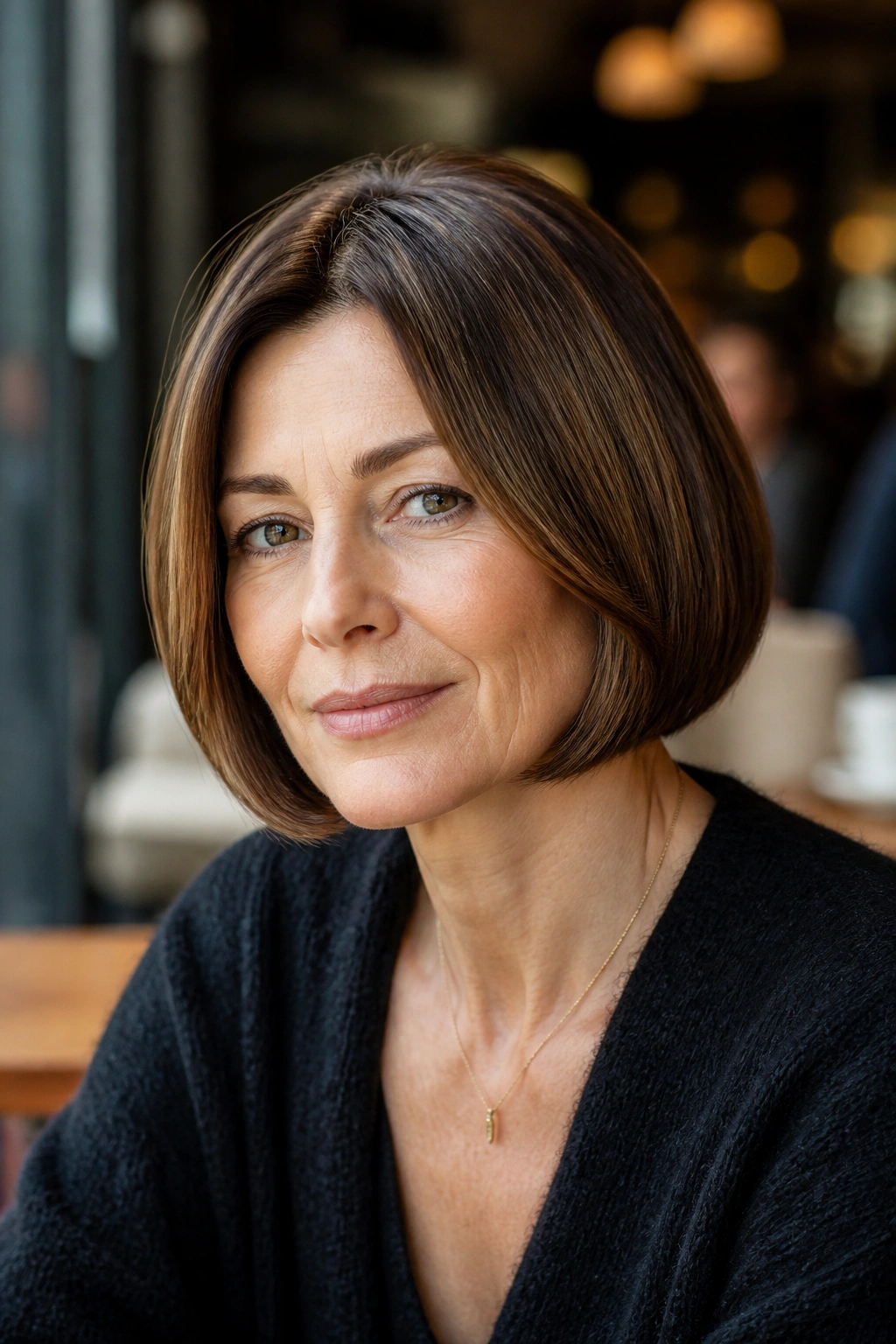 Portrait of a woman wearing an Italian bob with plush, clean ends in natural light.