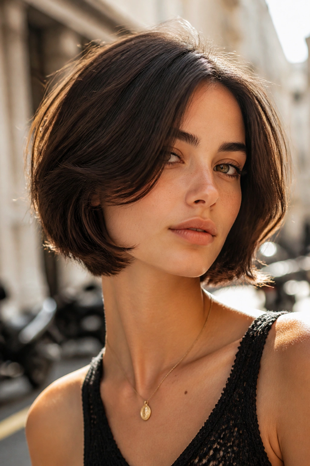Close-up portrait of a real woman with an Italian bob hairstyle