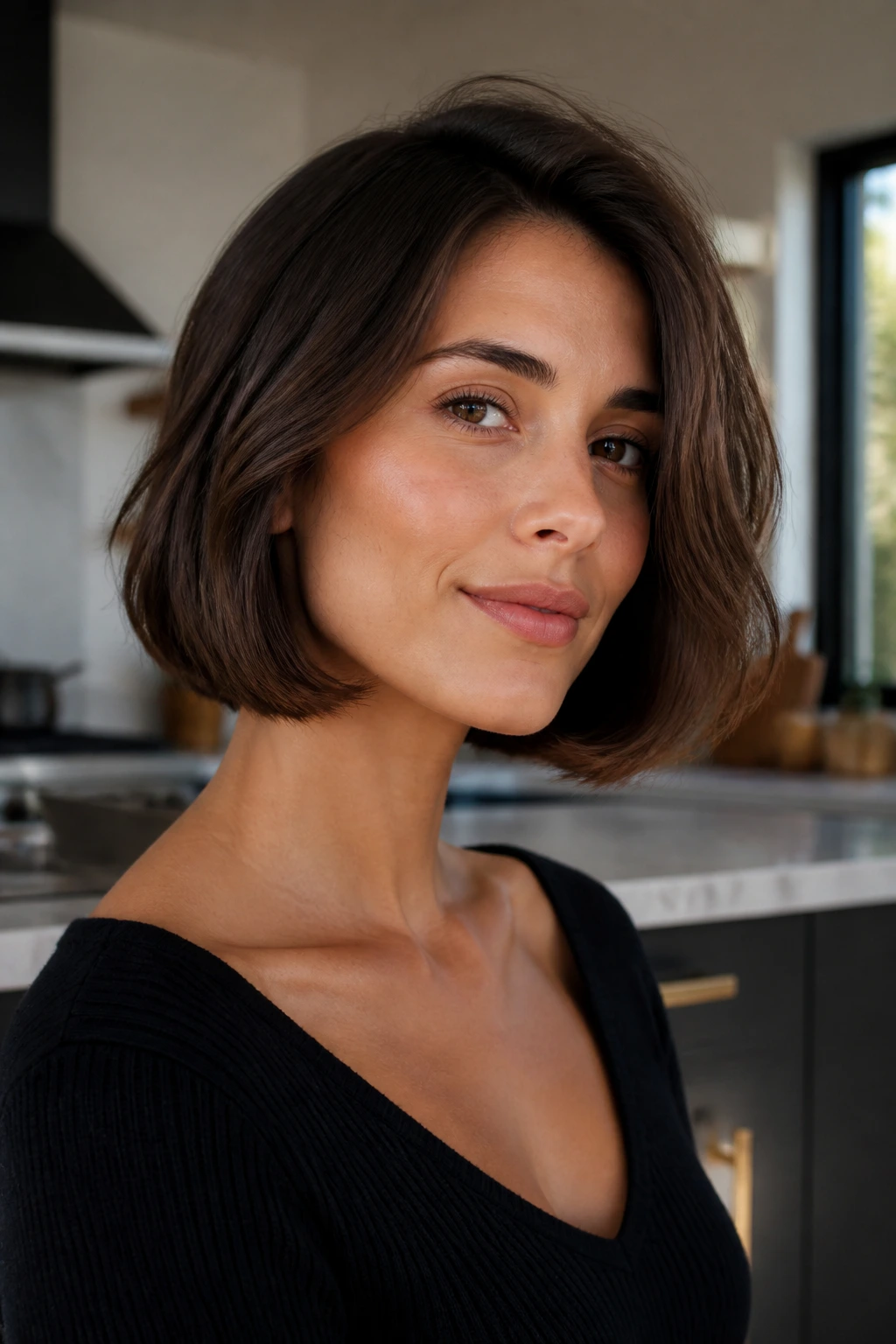Portrait of a woman with an Italian bob in soft natural light