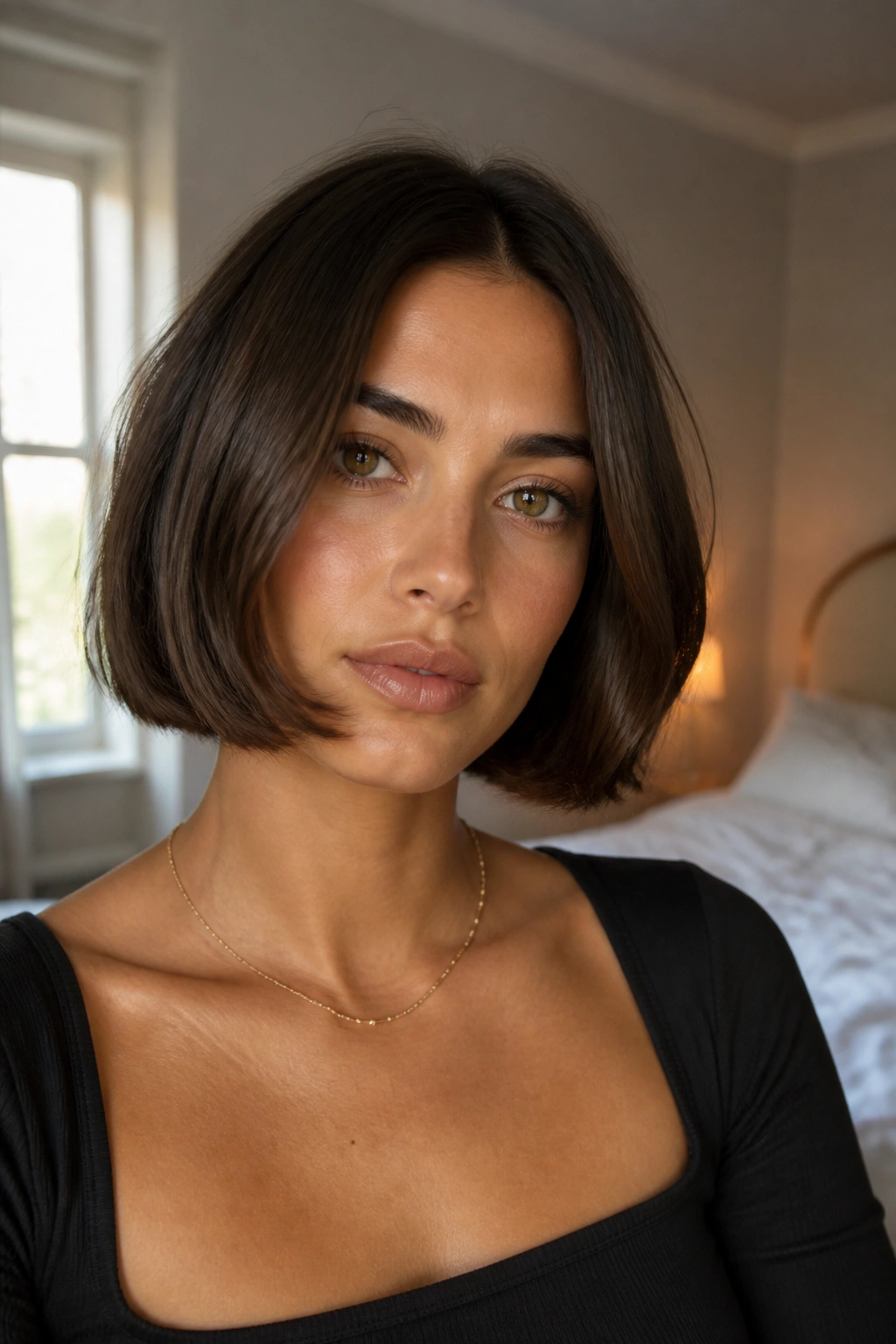 Close-up portrait of a real woman with an Italian bob at jawline in natural window light.