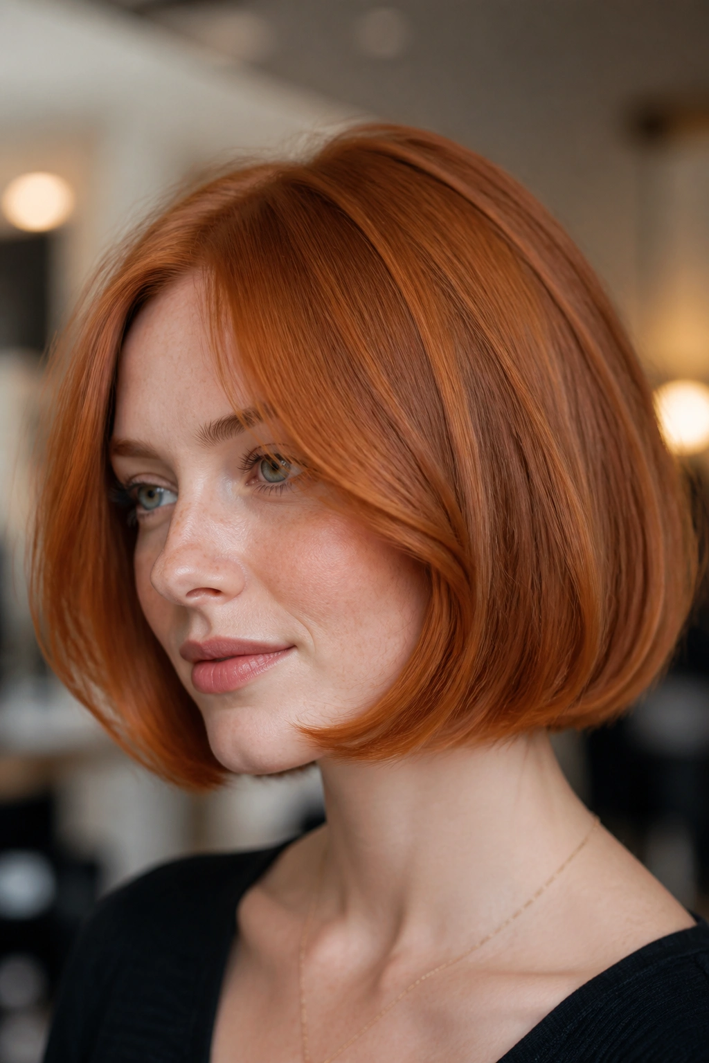 Close-up of real person with Italian bob featuring a gentle bend at the ends and copper-red hair