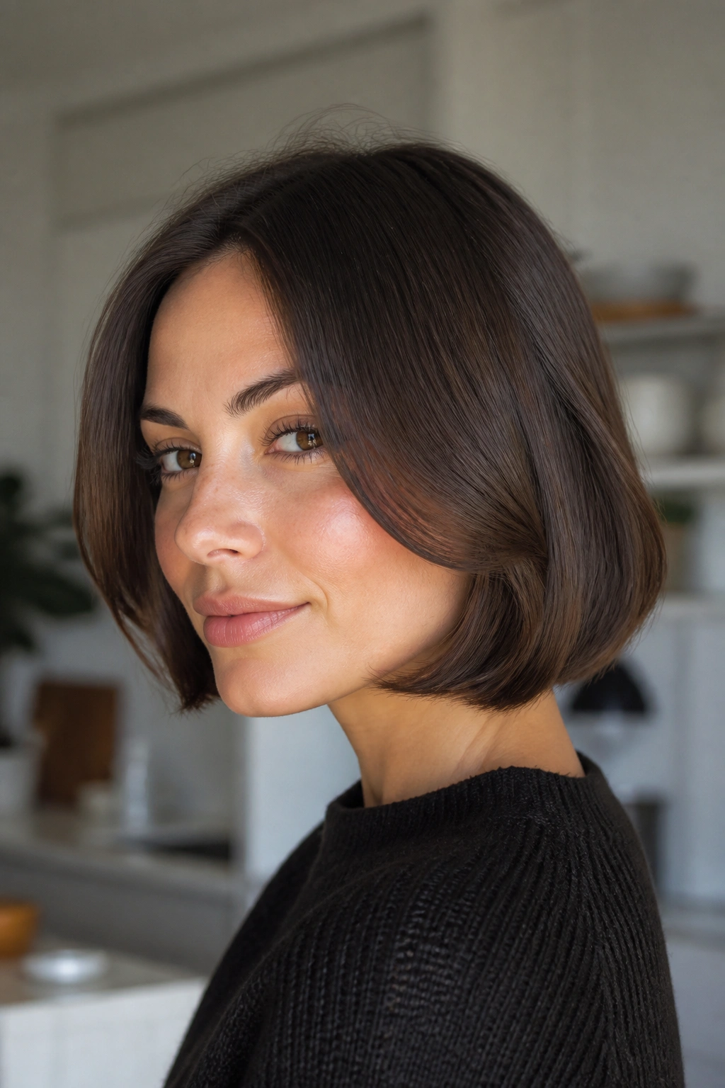 Portrait of a woman with an Italian bob and soft bend