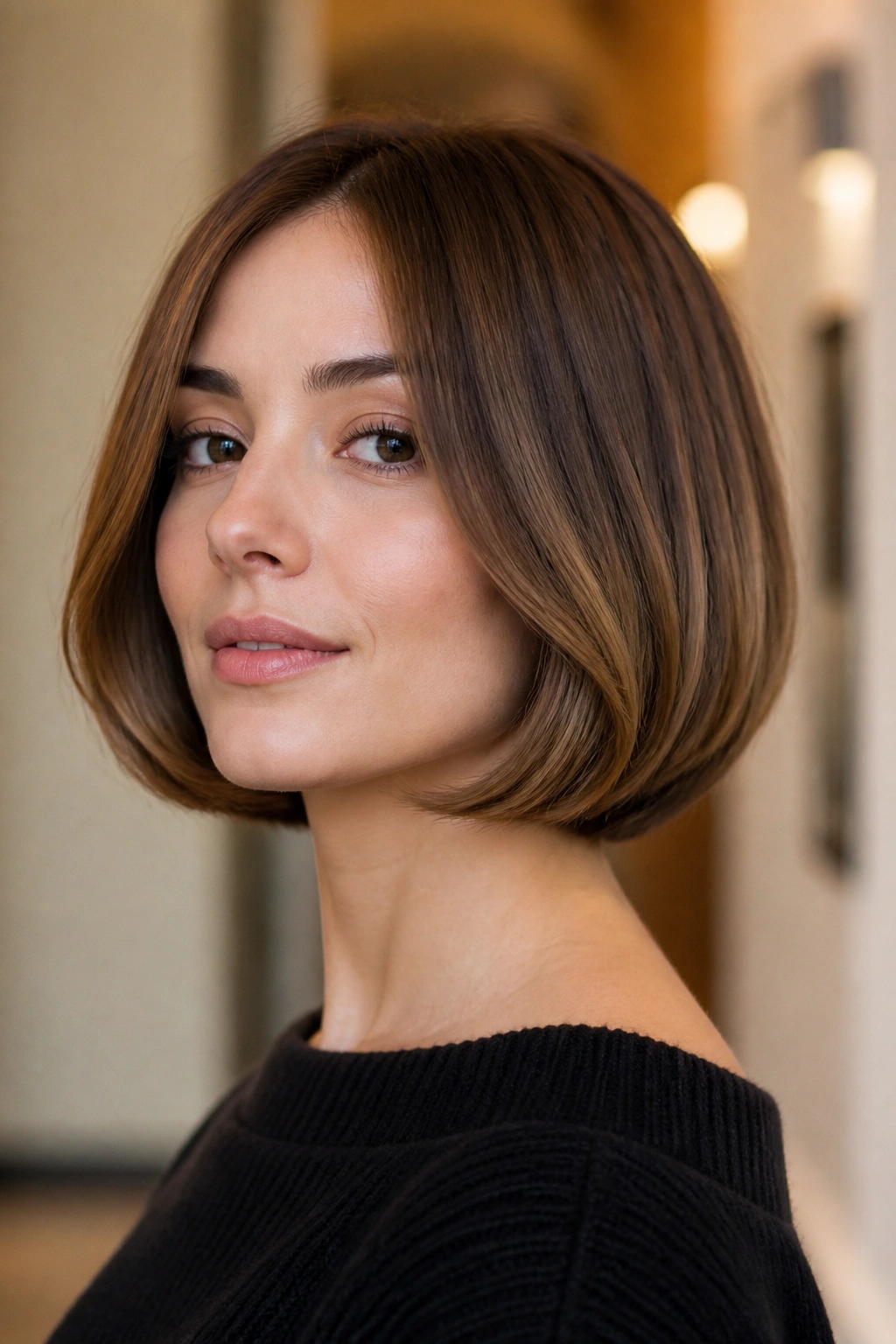 Portrait of a real woman with an Italian bob and soft curve
