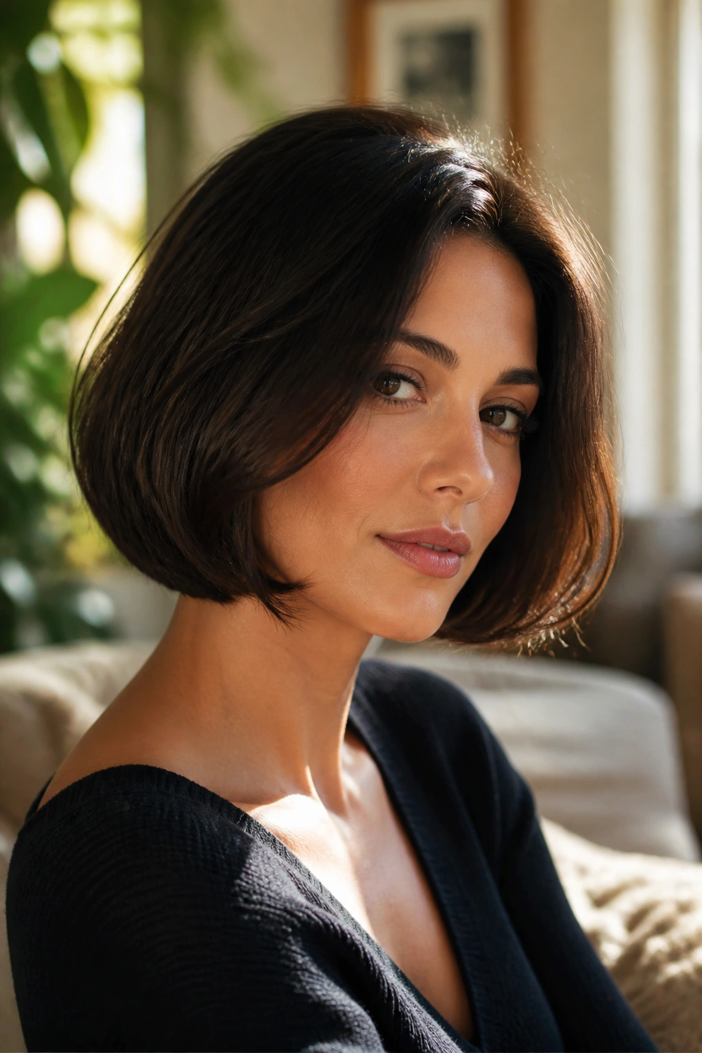 Portrait of a person with a voluminous Italian bob in a cozy living room