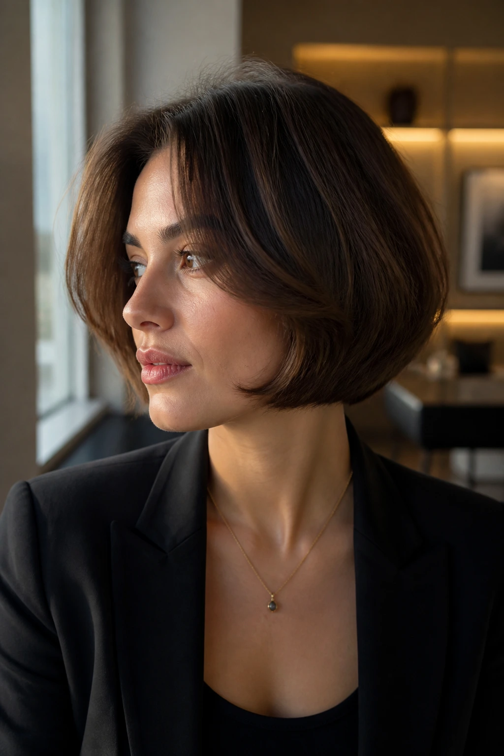Close-up of a real woman with an Italian bob and volume at the crown in a chic lounge