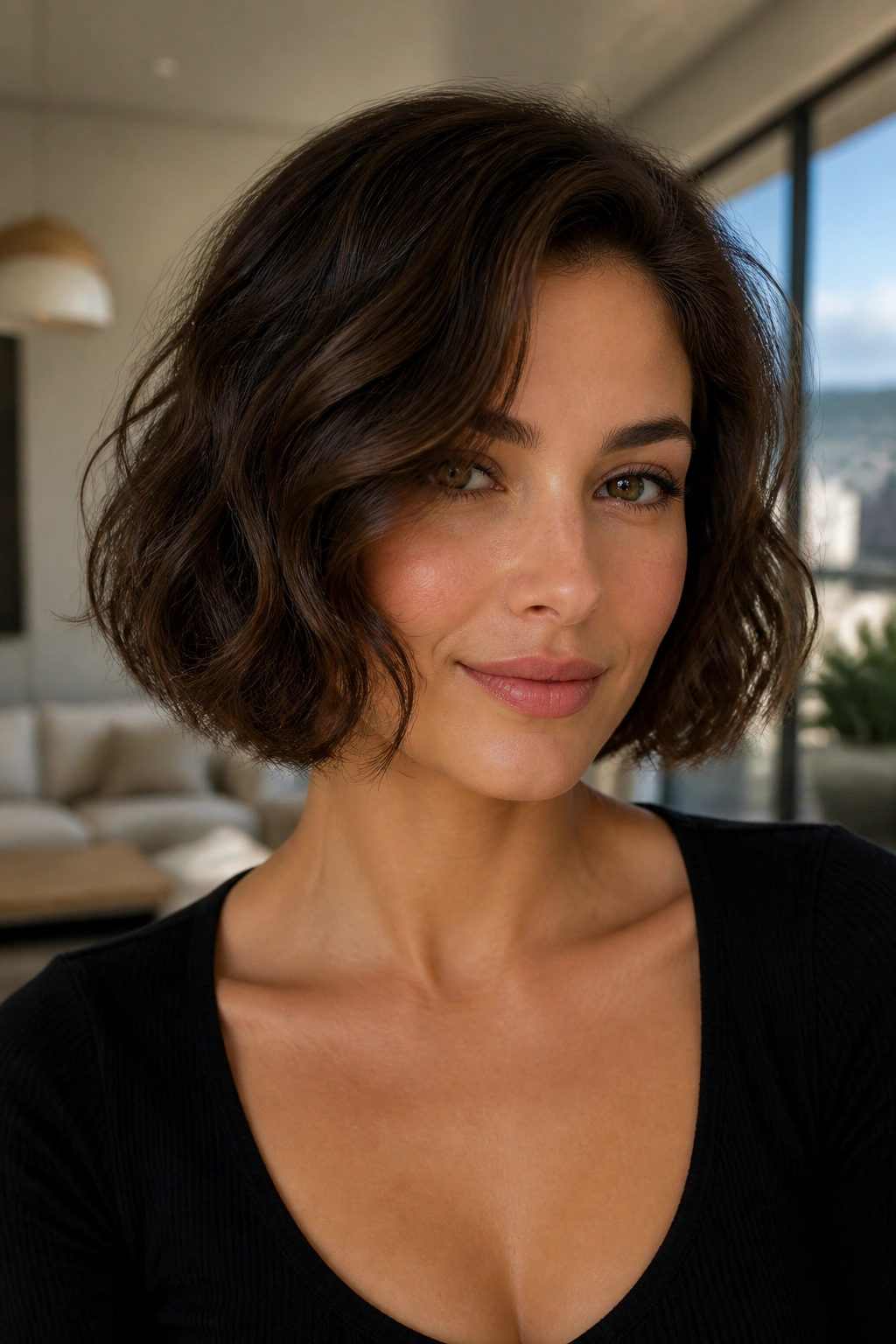Medium close-up of a real woman with Italian bob for wavy hair