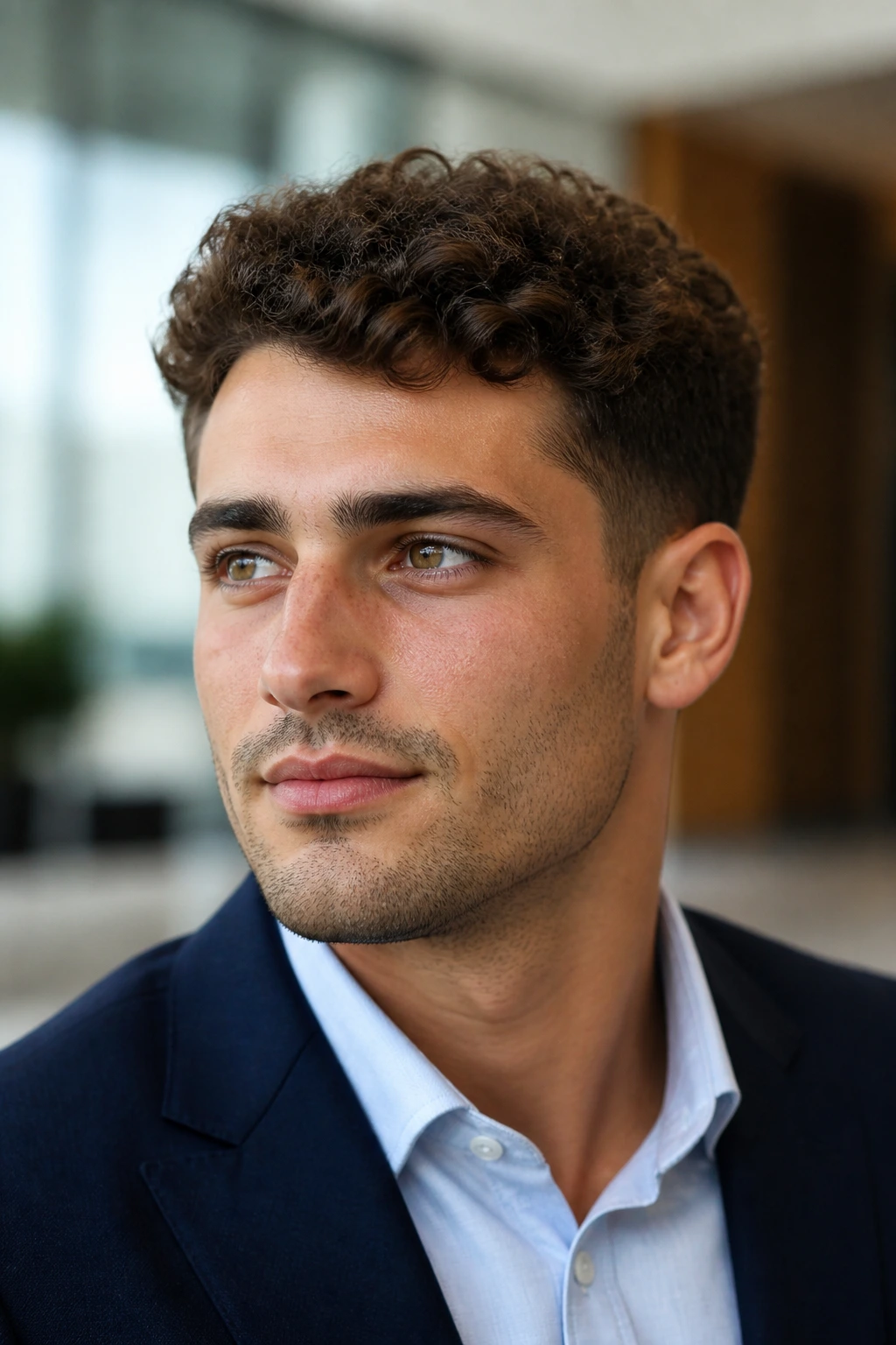 Close-up of man with textured ivy league curls and tapered sides in an office setting.
