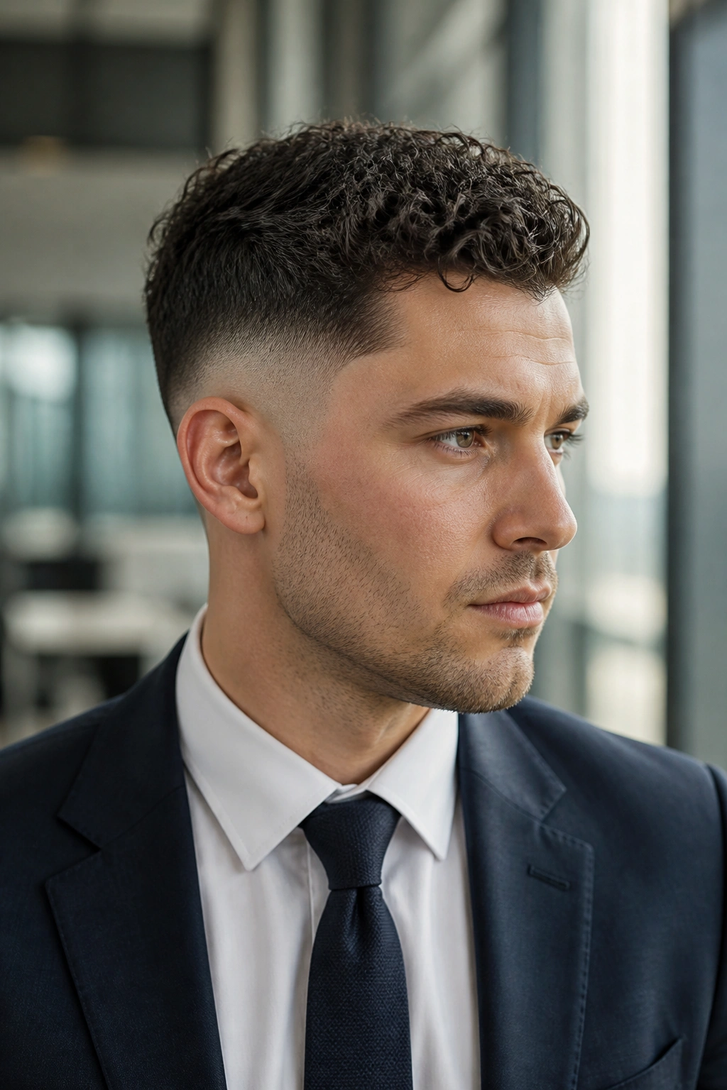 Medium close-up of a man with Ivy League cut and curly fade