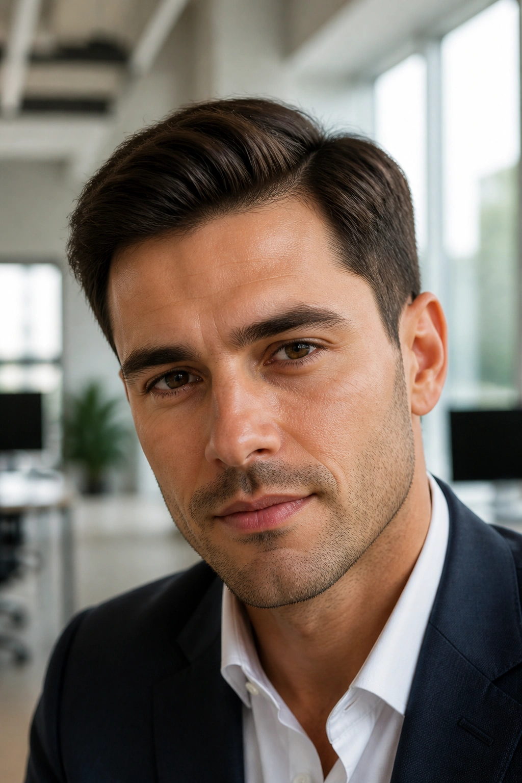 Close-up portrait of a man with an Ivy League soft side part and 2-3 inch top