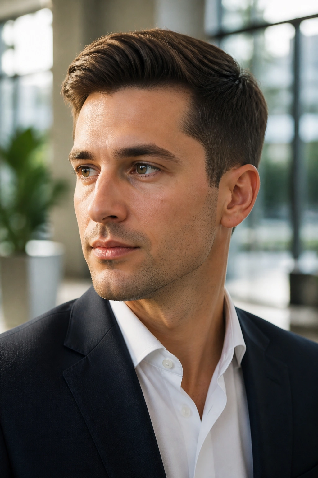 Man with ivy league with extra length hairstyle in office lobby setting