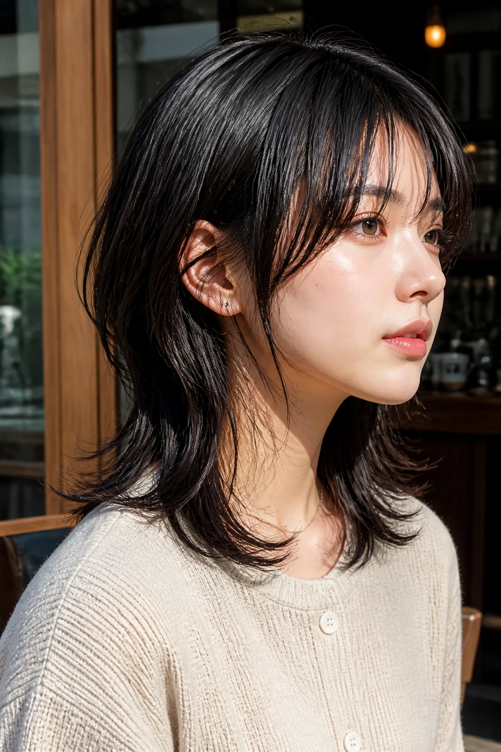 Close-up of a real woman with a Japanese soft mullet and feathered ends in outdoor daylight