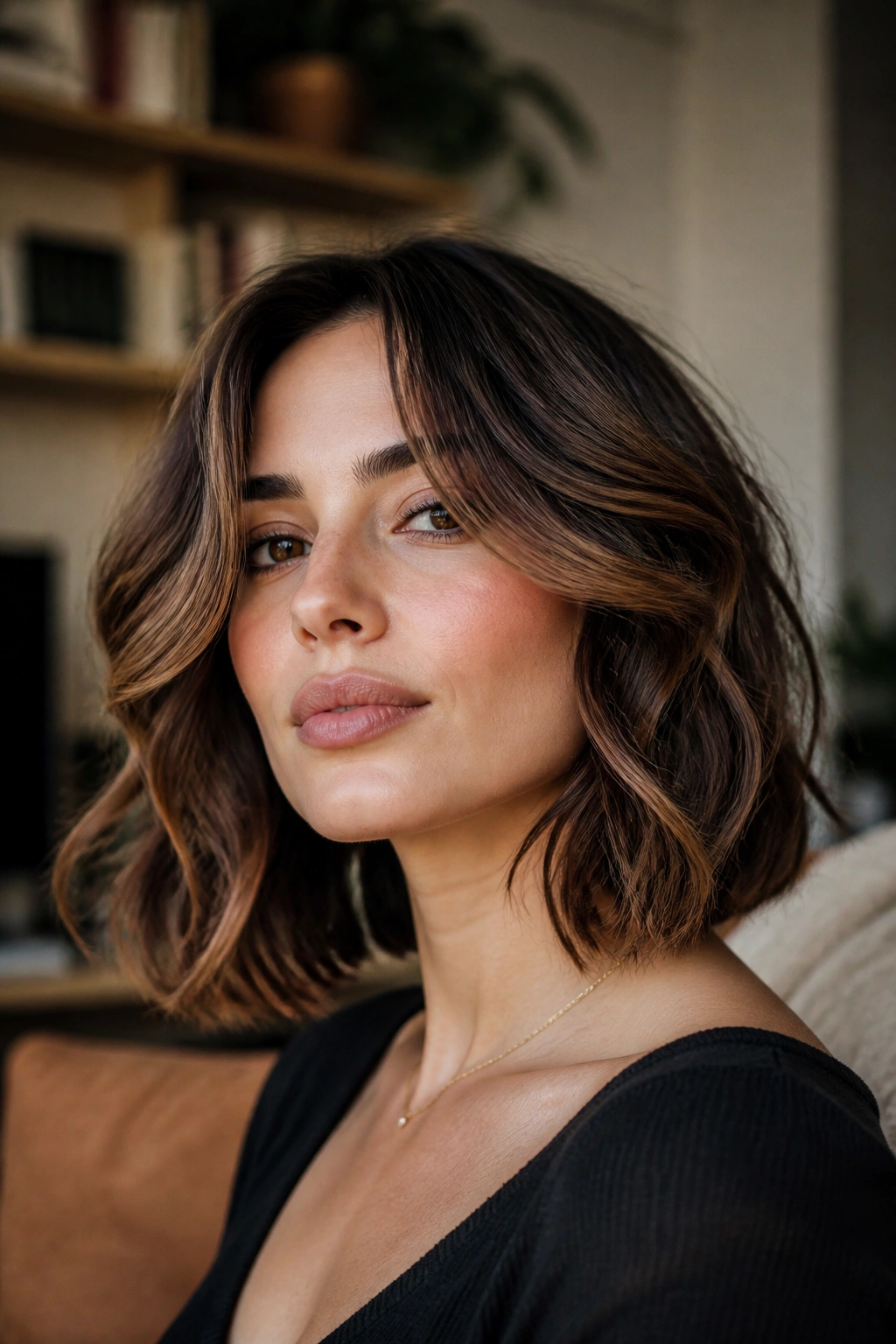 Close-up portrait of a real woman with jaw-framing layers and soft waves