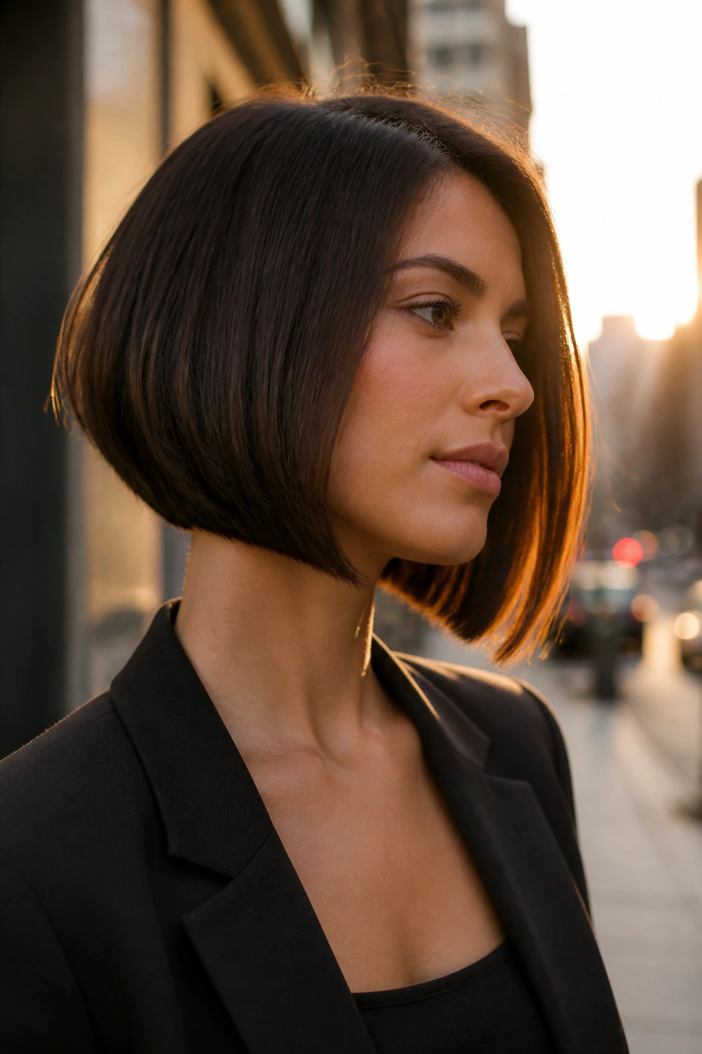 Profile of a real woman with jaw-grazing A-line bob on city street at golden hour