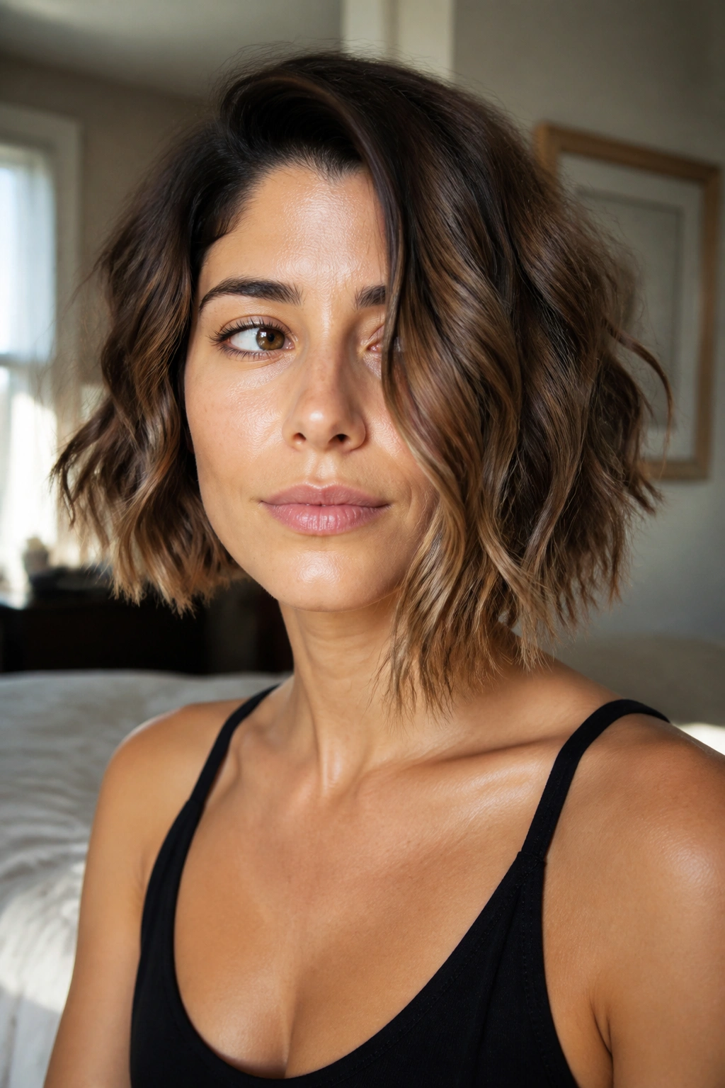 Close-up of a real woman with jaw-grazing A-line with soft undone waves.