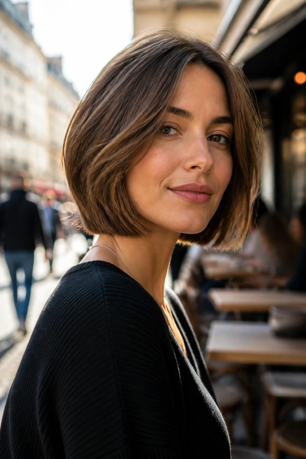 Portrait of a woman with jaw-grazing bob and cheekbone layers in warm street light.