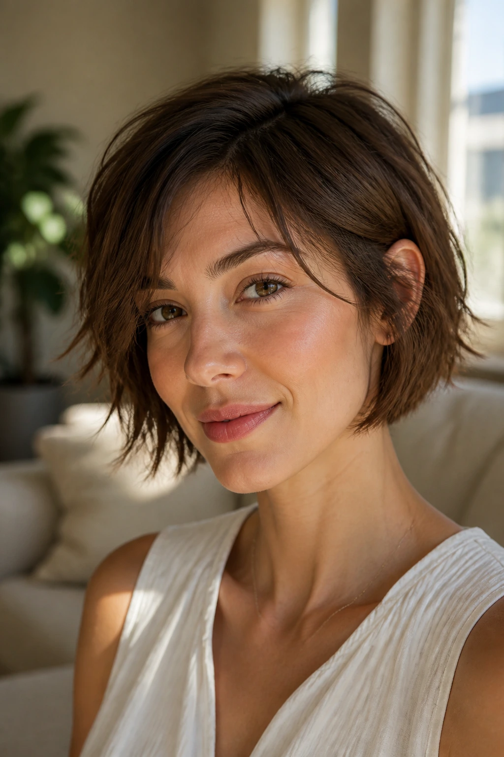 Close-up of a real woman with a jaw-grazing choppy bob under natural light