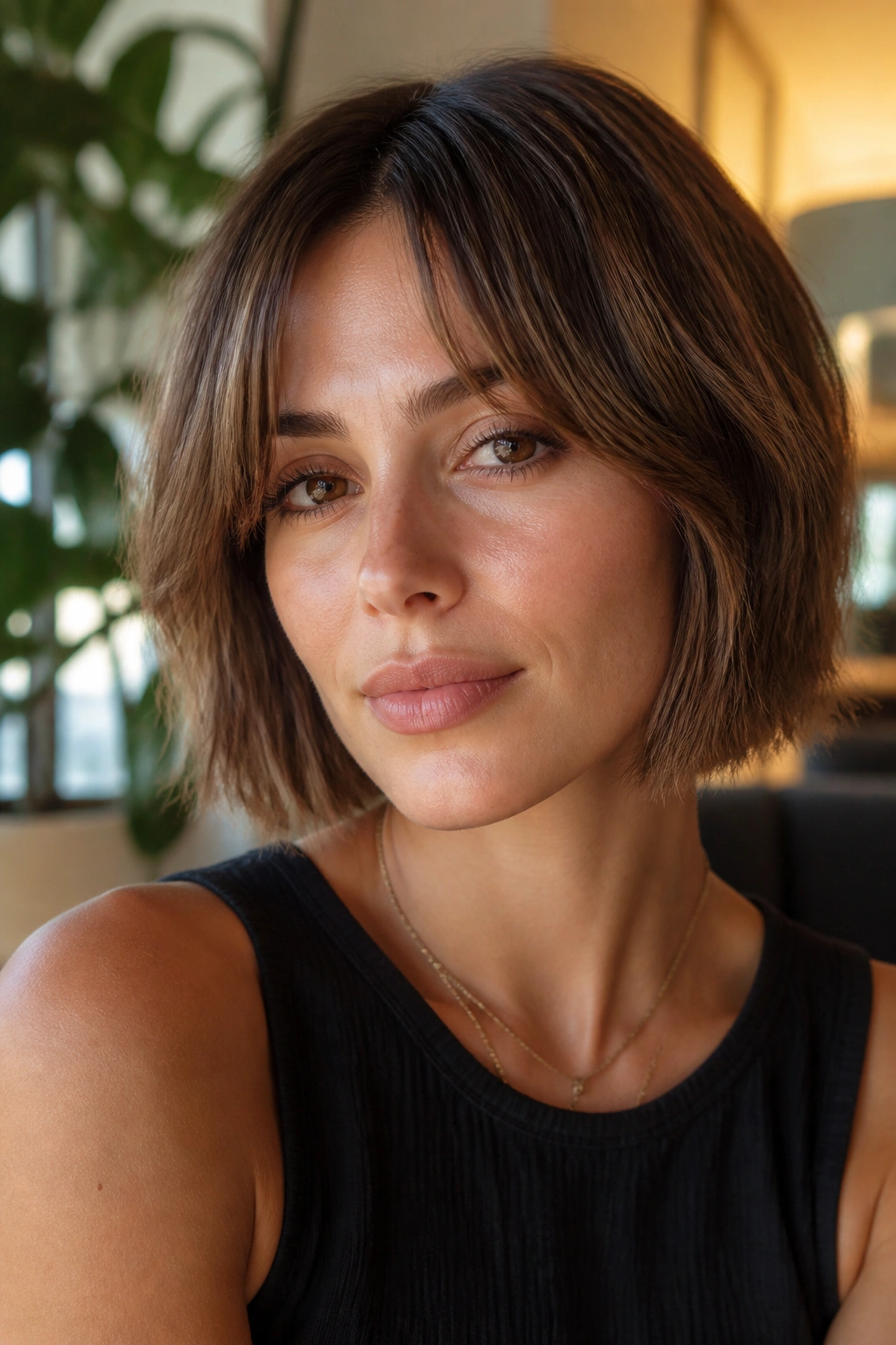 Close-up of a real woman with jaw-grazing bob and curtain fringe in a living room