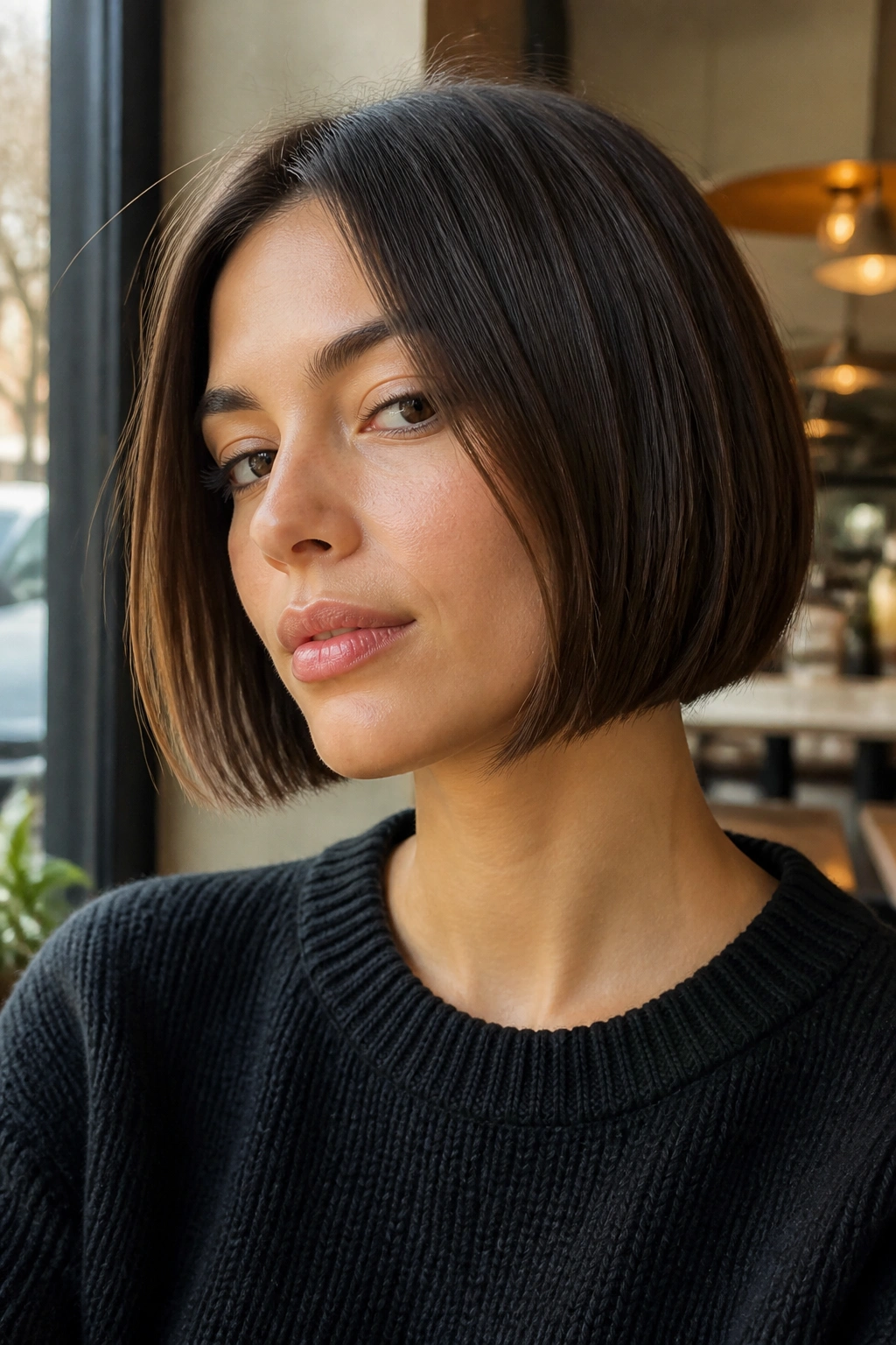 Portrait of a real woman with a jaw-grazing bob cut at the jawline
