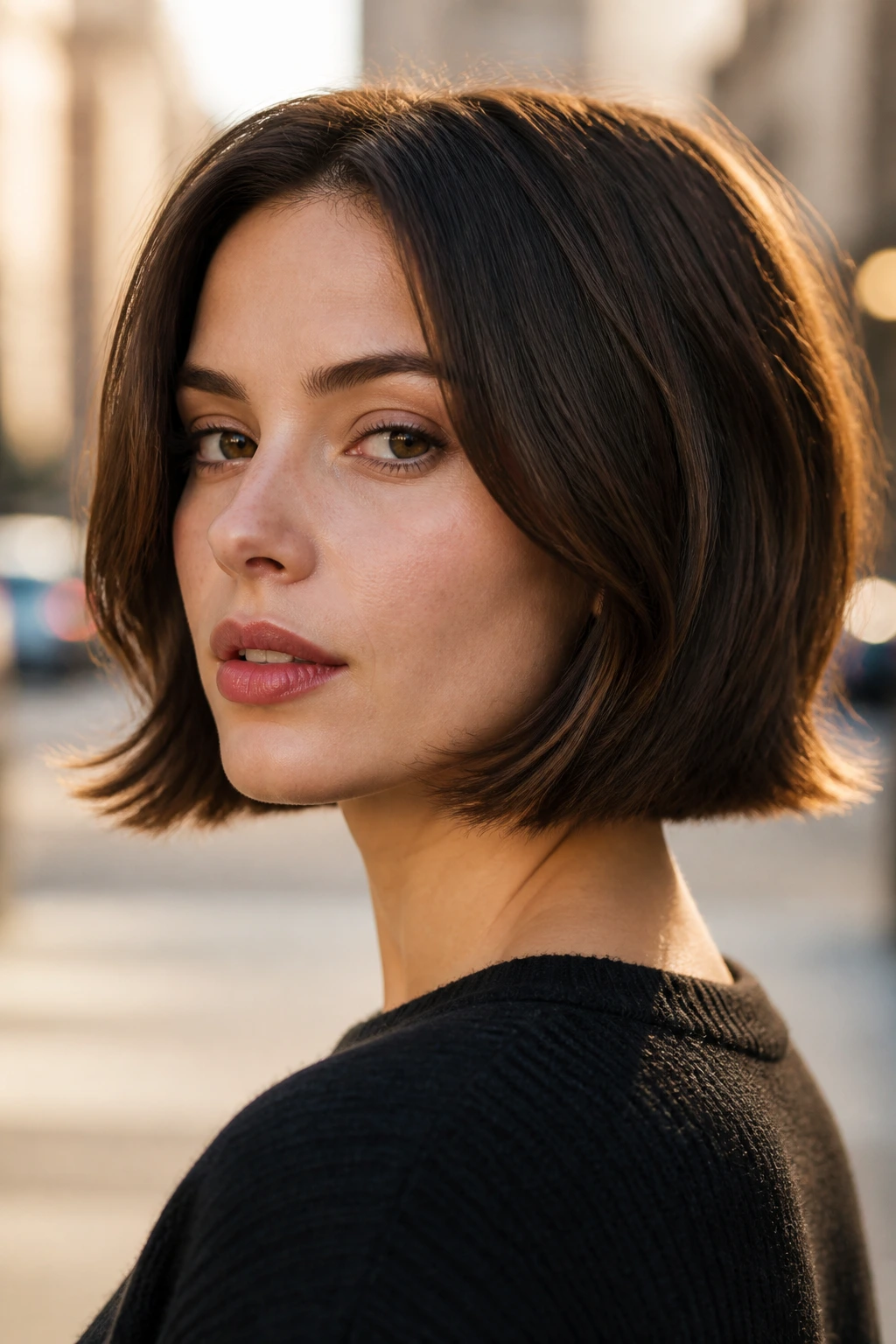 Close-up of a real woman with a jaw-length bob and flipped ends in golden hour street lighting.