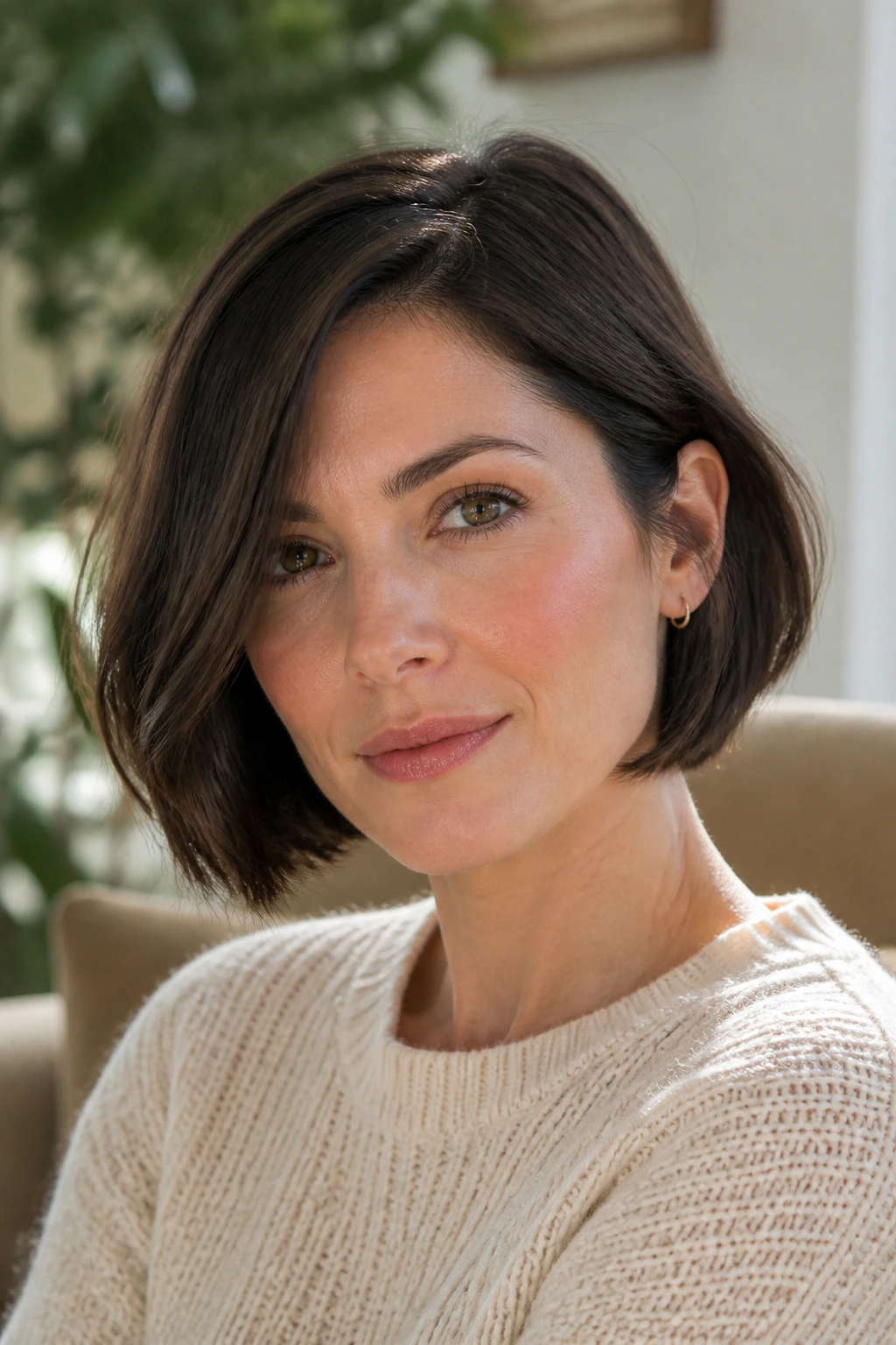 Close-up of a real woman with a jaw-grazing French bob and side part