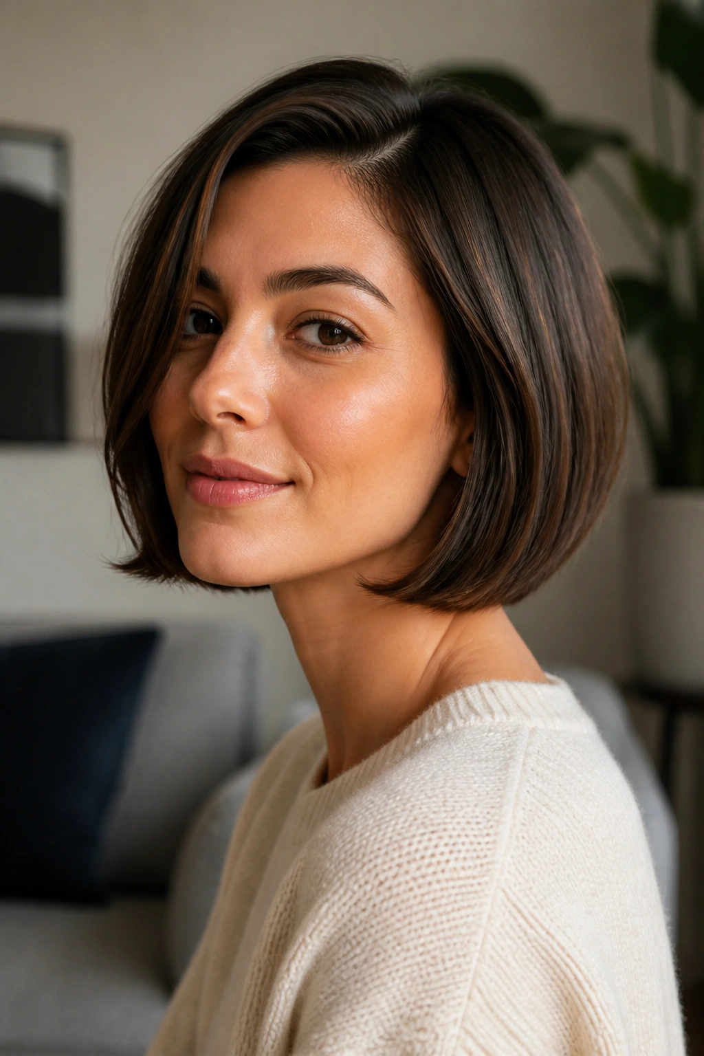 Real woman with jaw-grazing bob and soft ends in natural light
