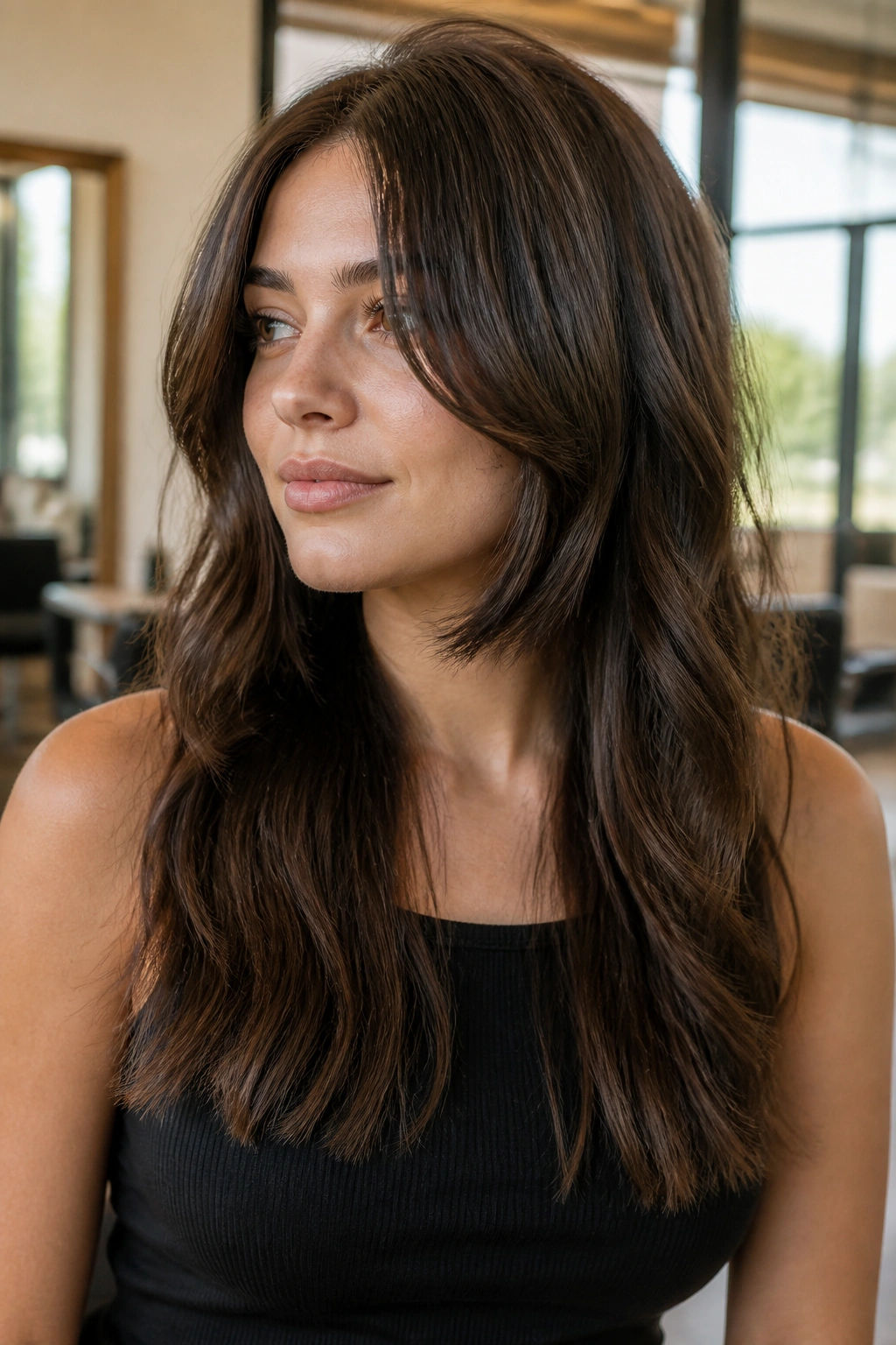 Real woman with jaw-grazing face-framing layers in a sunlit salon
