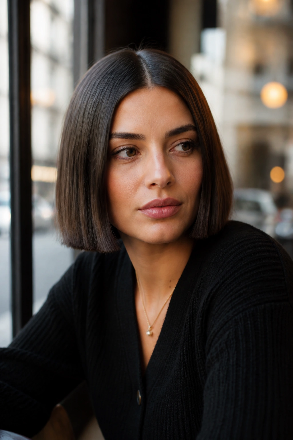 Close-up of a woman with jaw-grazing French bob and center part under natural daylight