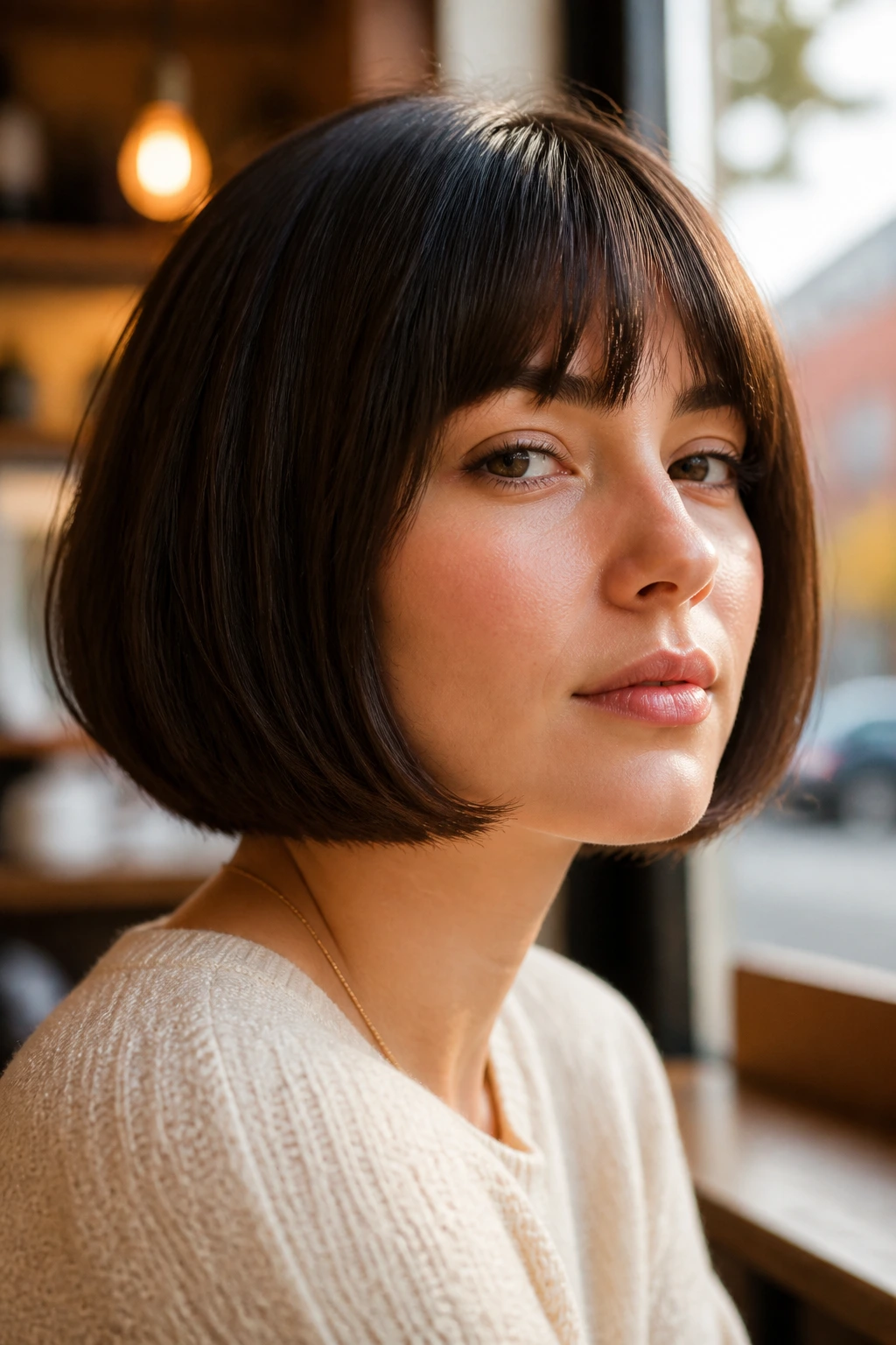 Portrait of a real woman with a jaw-grazing French bob in cafe light