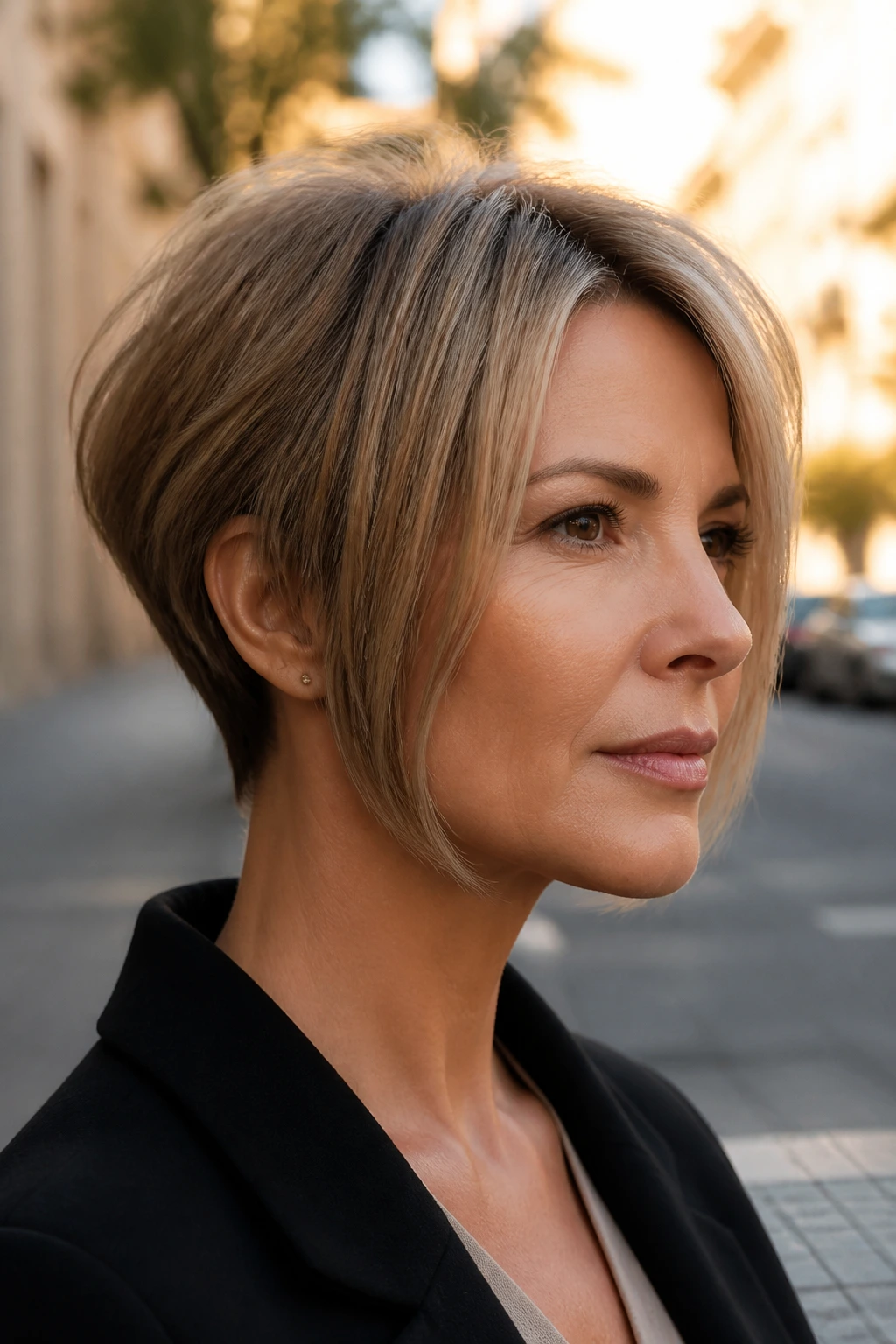 Close-up of a real woman with jaw-grazing front pieces lengthening the jawline