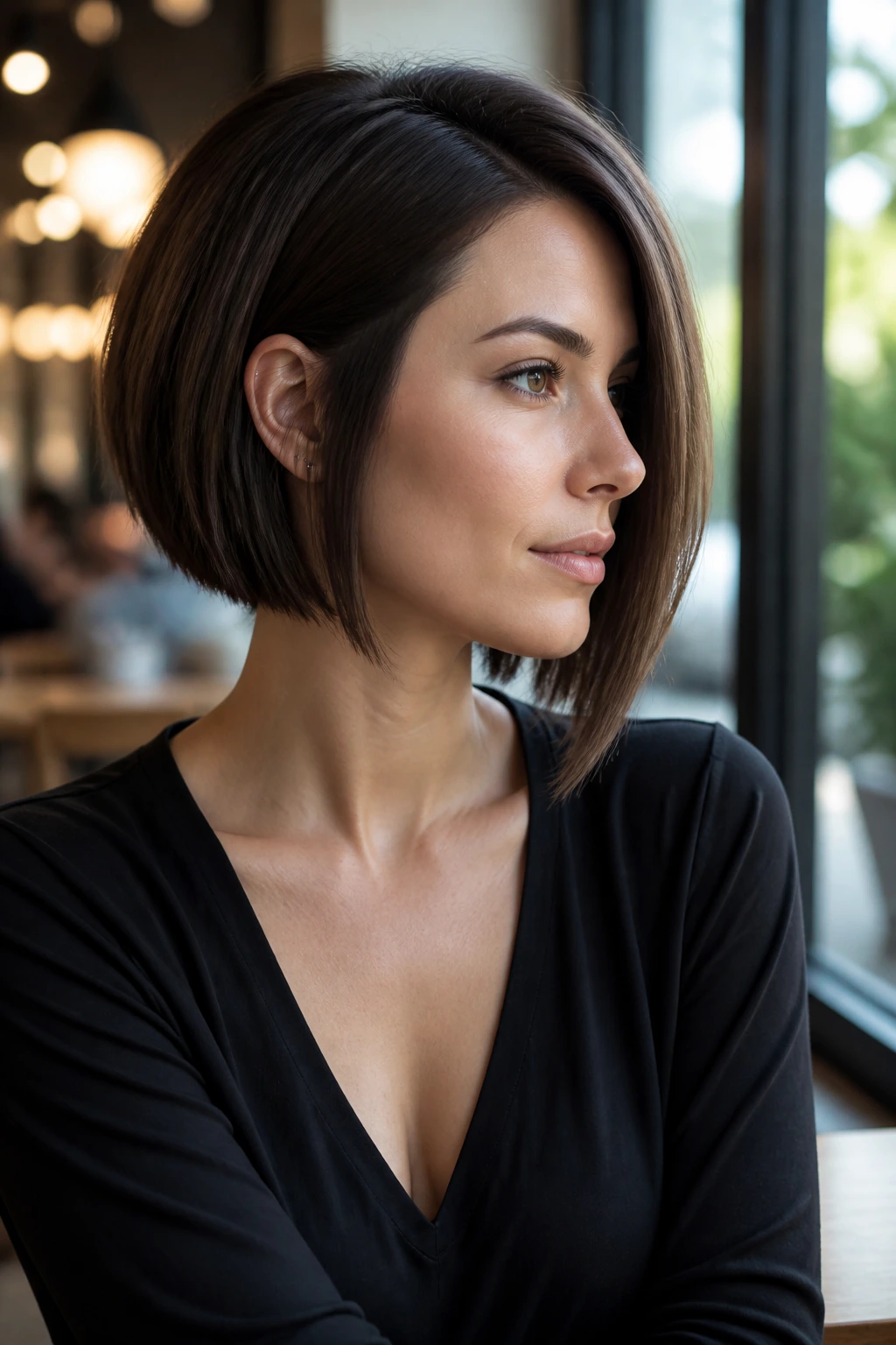 Portrait of a real person wearing a jaw-length A-line bob with jaw-skimming front and shorter back.